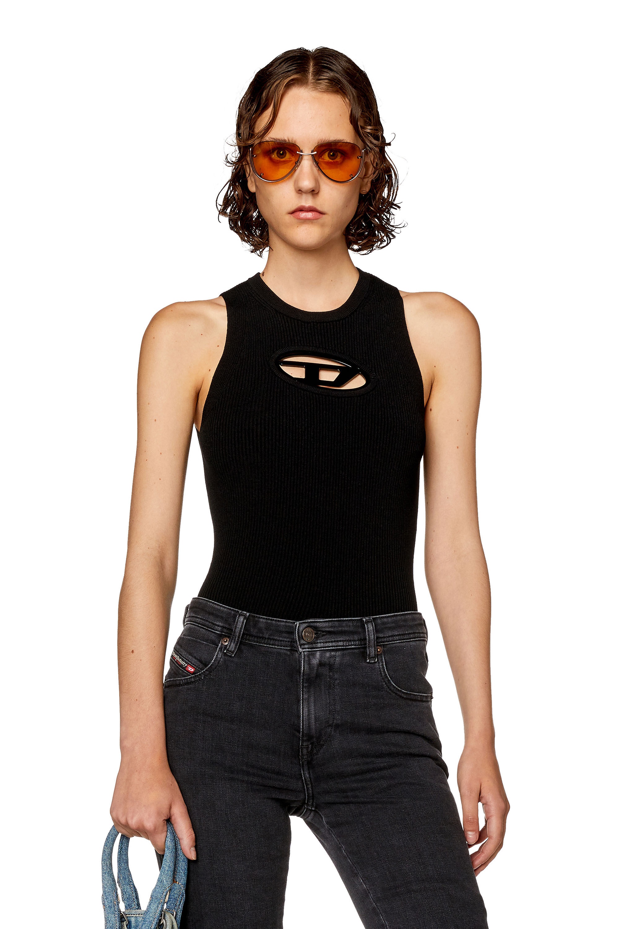 トップス DIESEL M-Onerva-Top M-ONERVA-TOP Woman: Cut-out knit tank top, D logo plaque