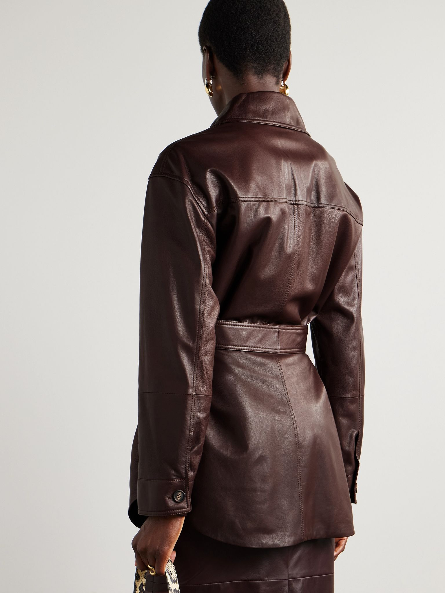 Belted leather jacket Burgundy - 4