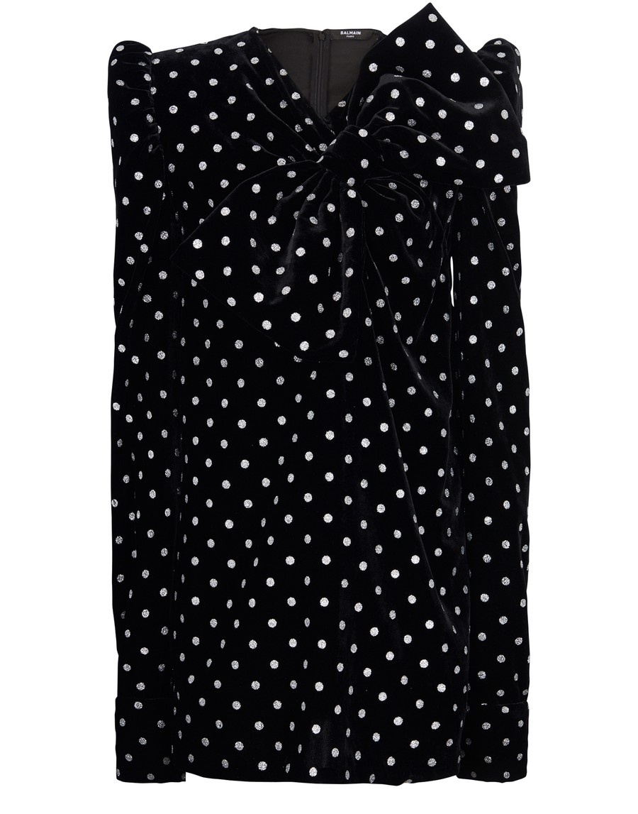Short Dress With A Large Bow And Glitter Polka Dots - 1