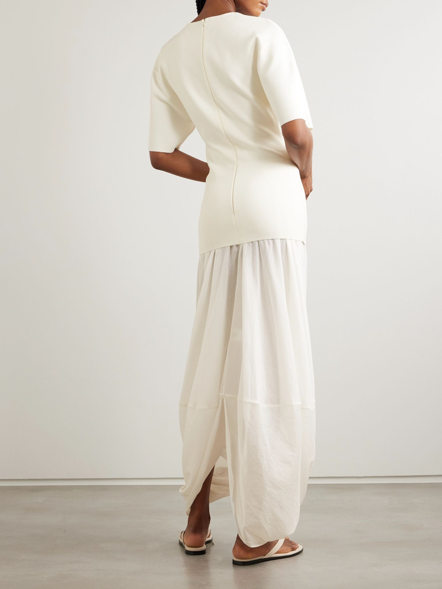 Cocoon draped voile-paneled knitted maxi dress White - 3