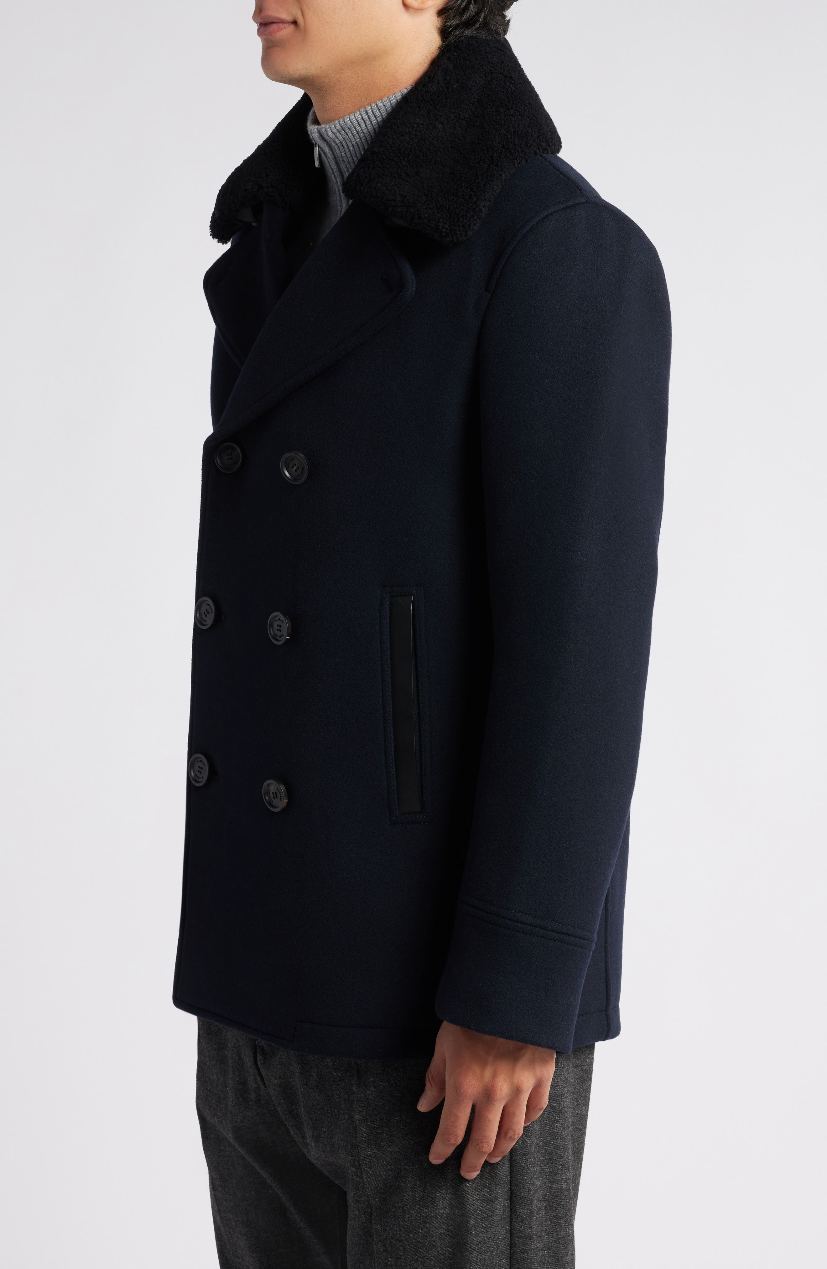 Mackage Cole Wool Peacoat with Genuine Shearling Collar in Navy at Nordstrom - 3