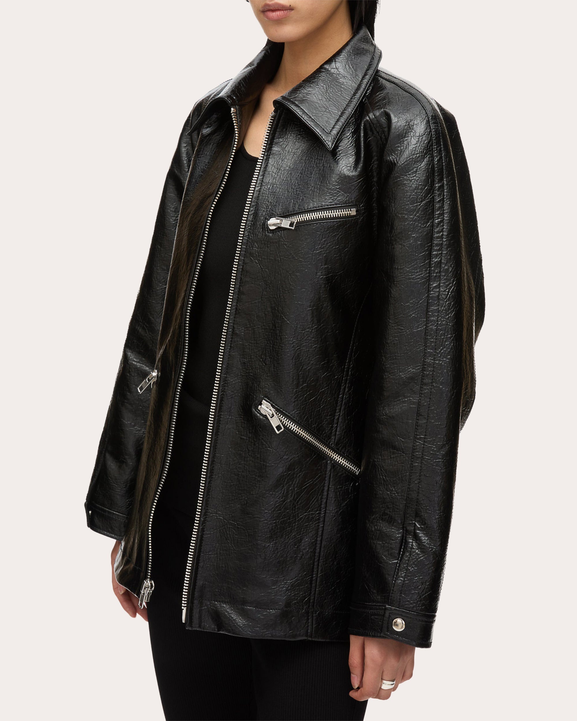 Zipper-Embellished Faux Leather Jacket - 4
