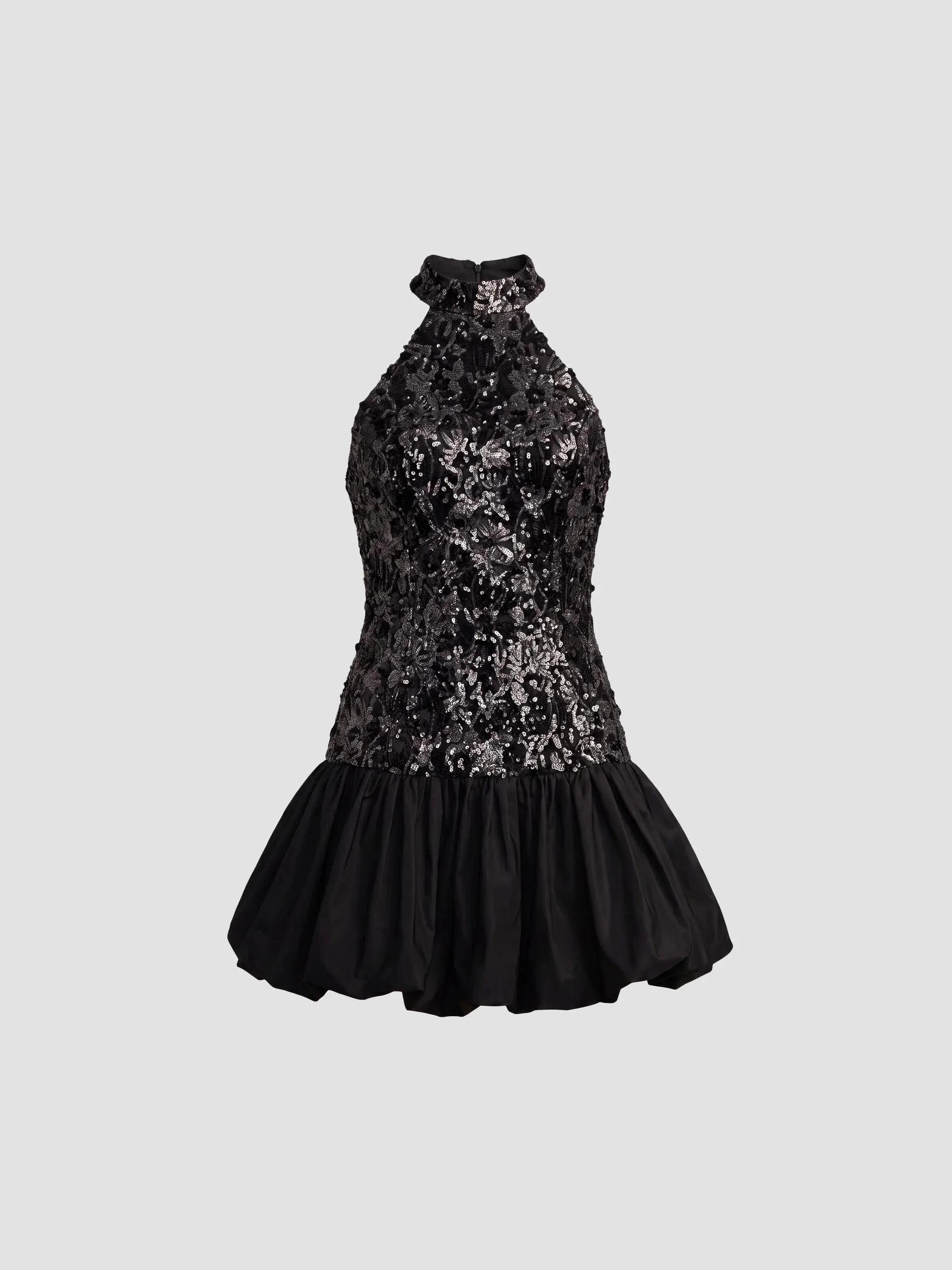 Women's Beaded Lace Halterneck Bubble Hem Mini Dress - Black Silver - 1