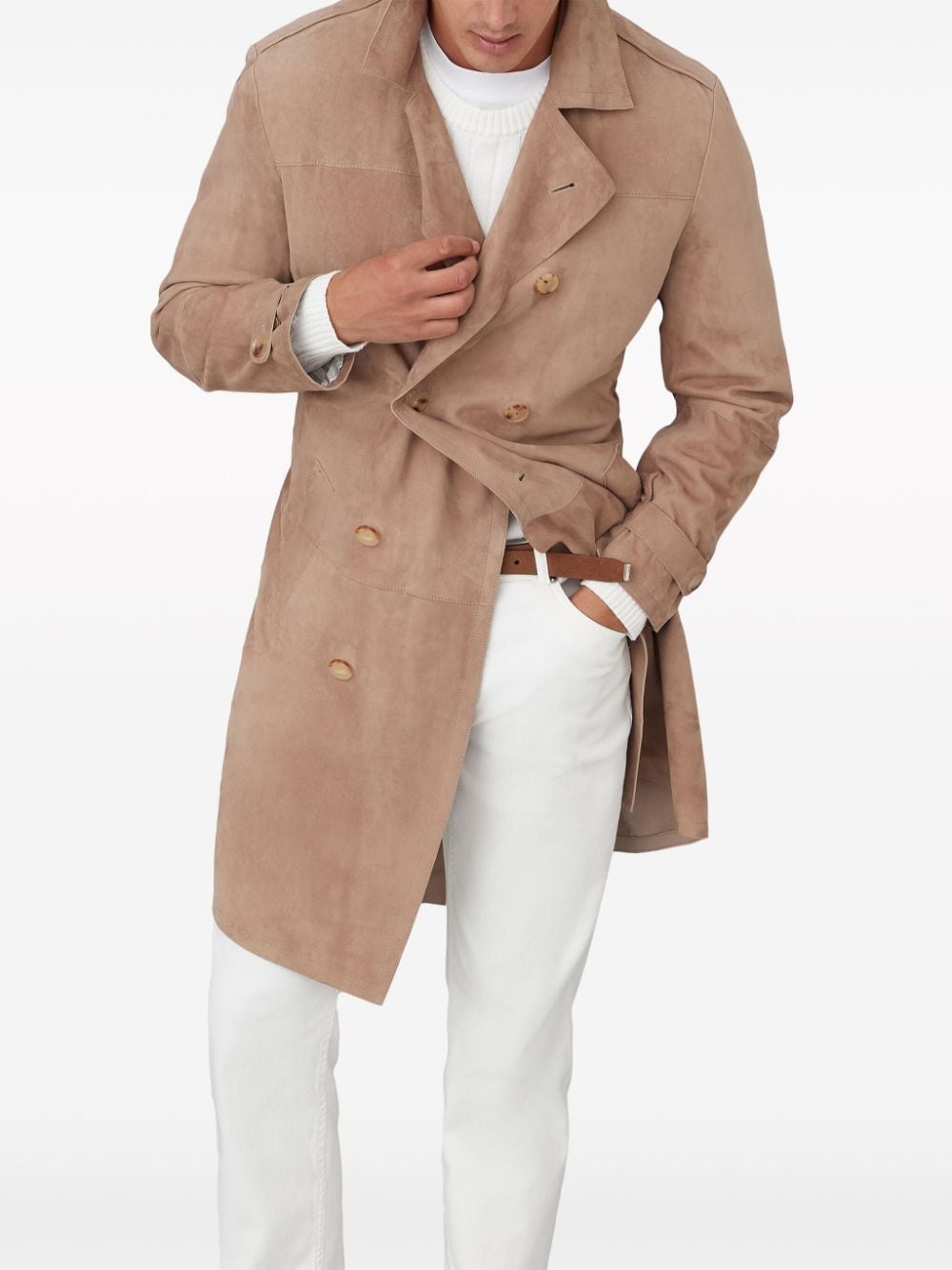notched-lapels suede coat - 2