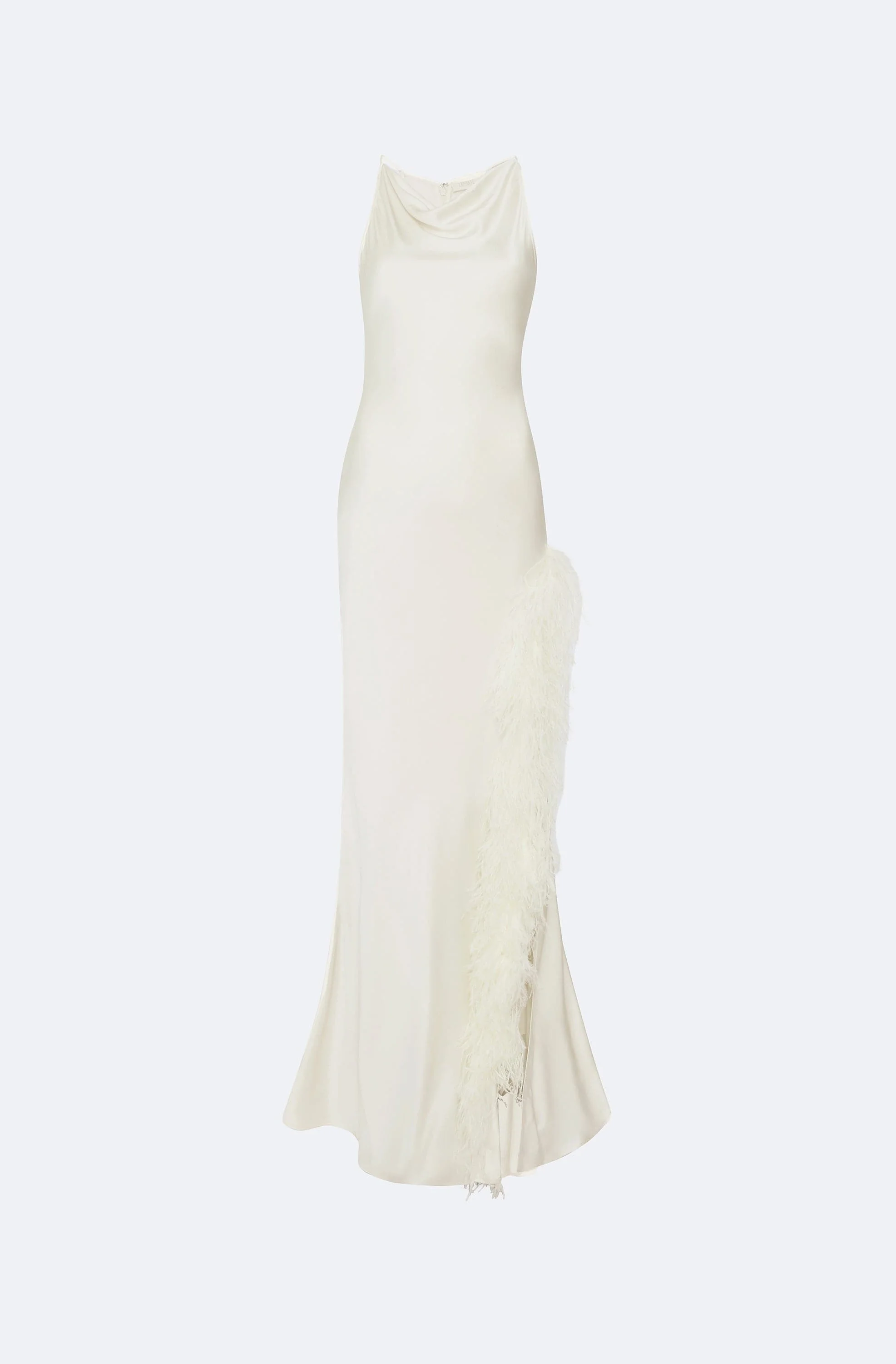 Satin Halter Gown With Feathers - 1