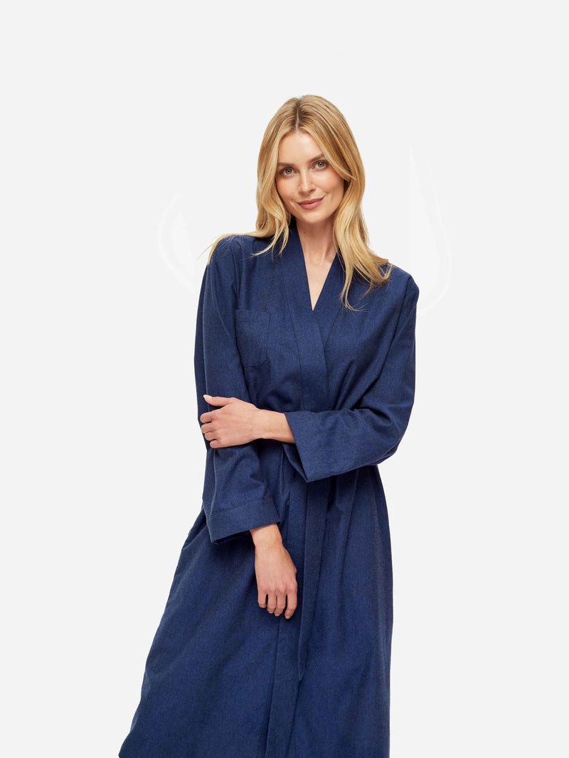Women's Long Dressing Gown Balmoral 3 Brushed Cotton Navy 5