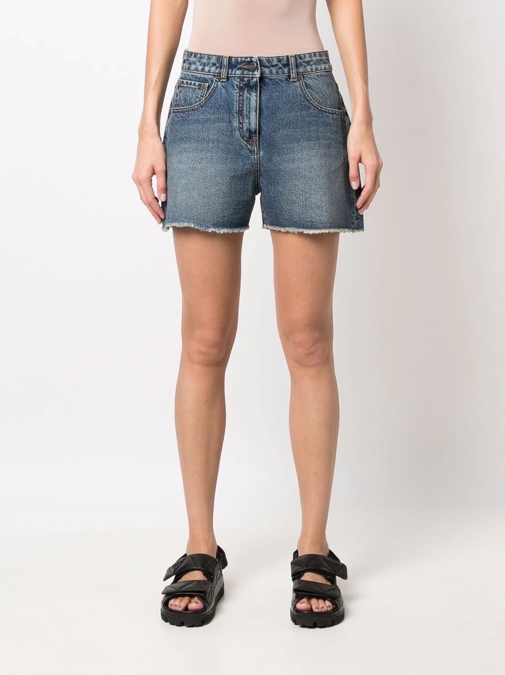 palm tree-embroidered frayed denim shorts - 3