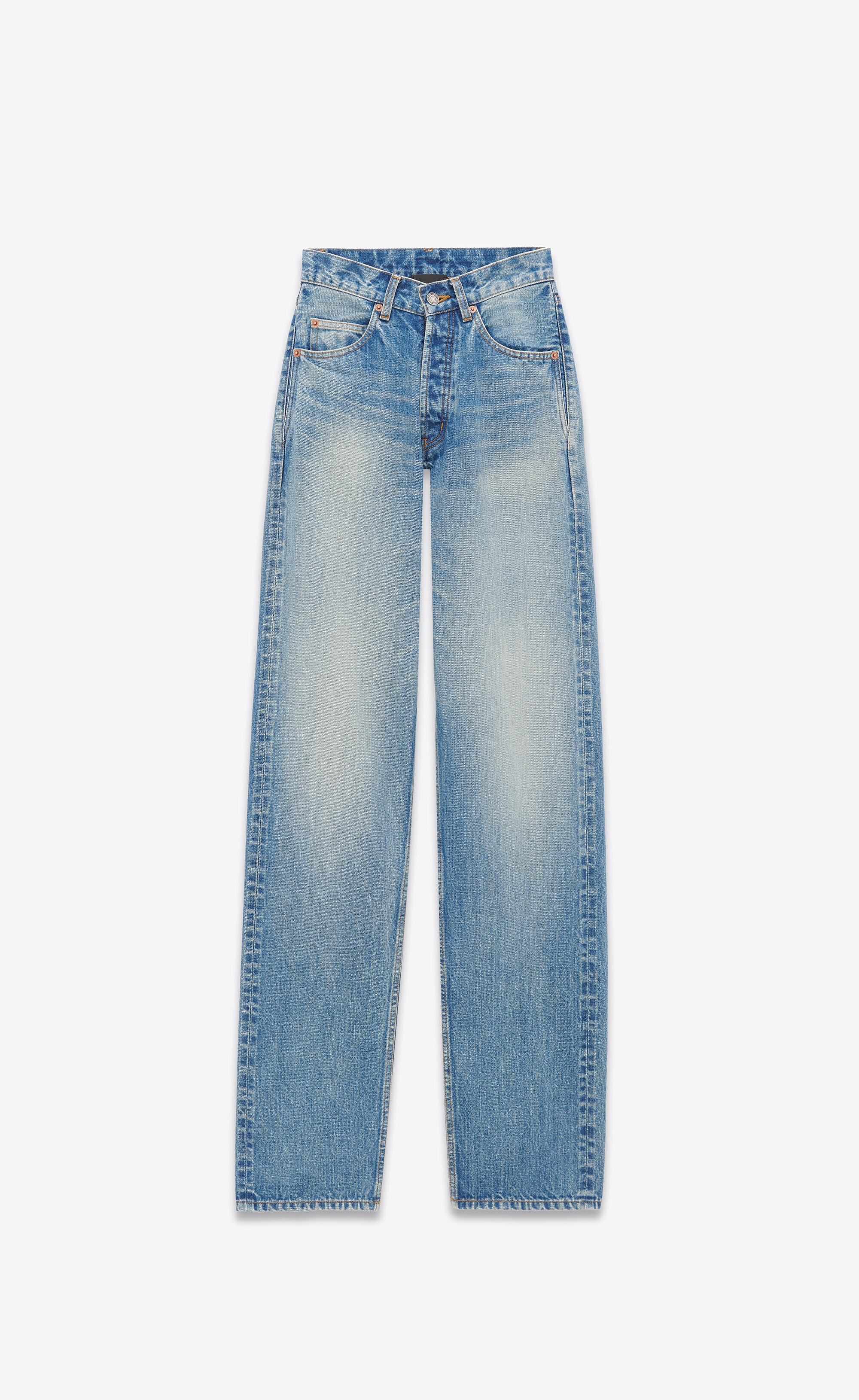 v-waist long baggy jeans in vintage blue denim - 1
