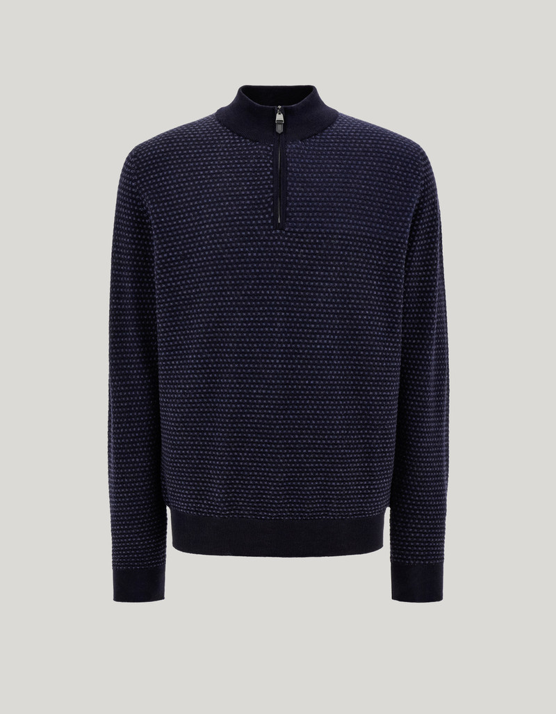 DARK NAVY AND BLUE PURE JACQUARD WOOL MOCK NECK SWEATER WITH ZIPPER 1