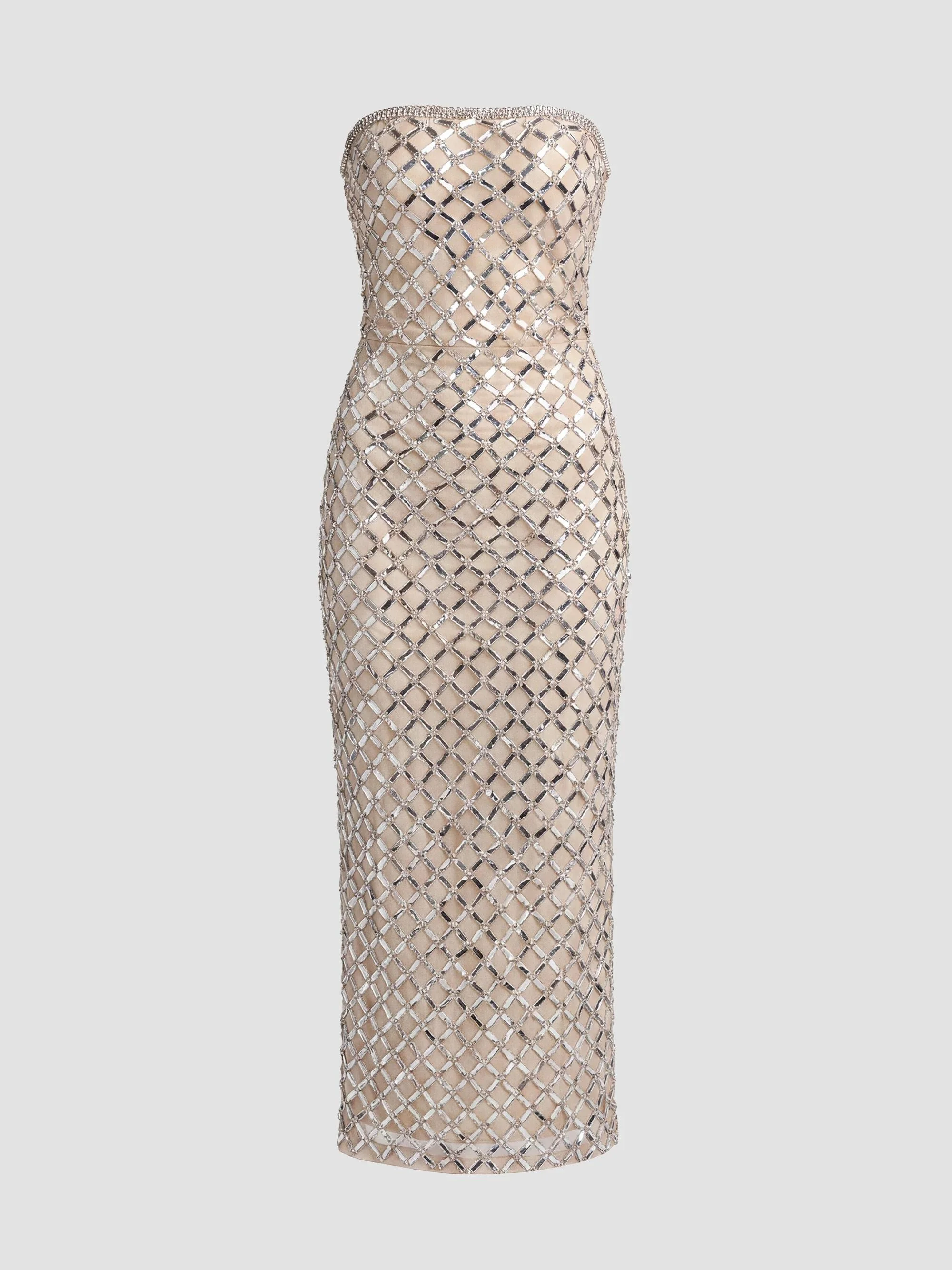 Women's Sequin Lattice Strapless Gown - Beige Silver - 1