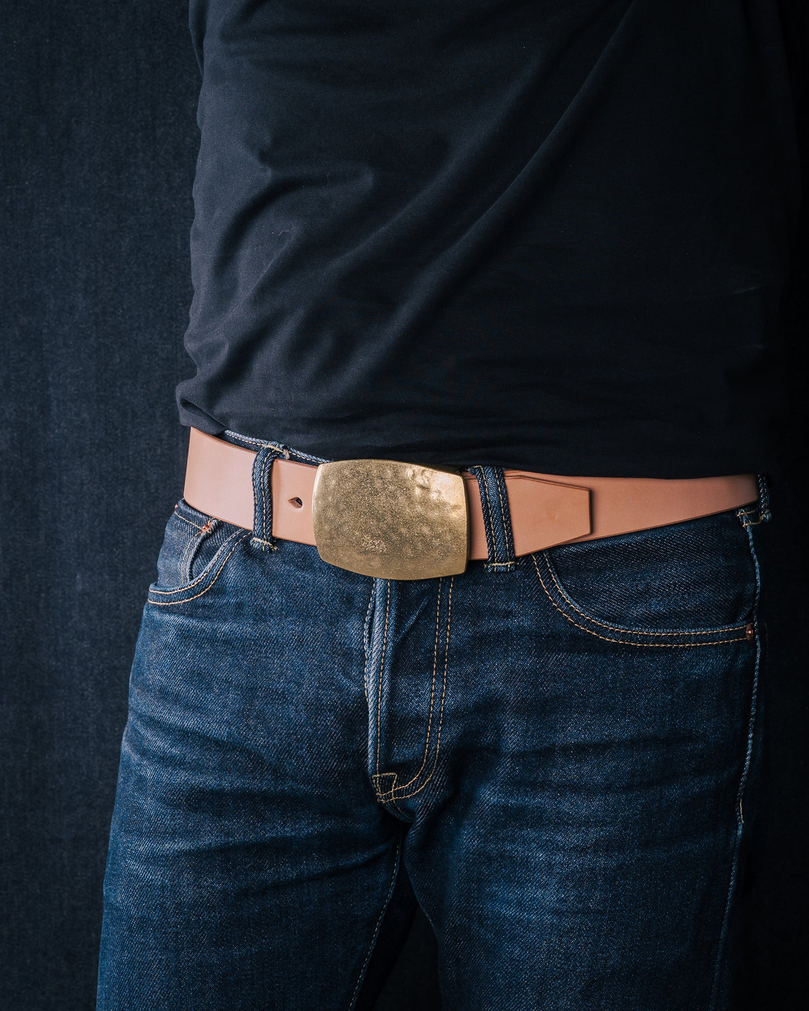 IHB-09-NATB Heavy Plate Brass Buckle Tochigi Leather Belt - Natural - 2