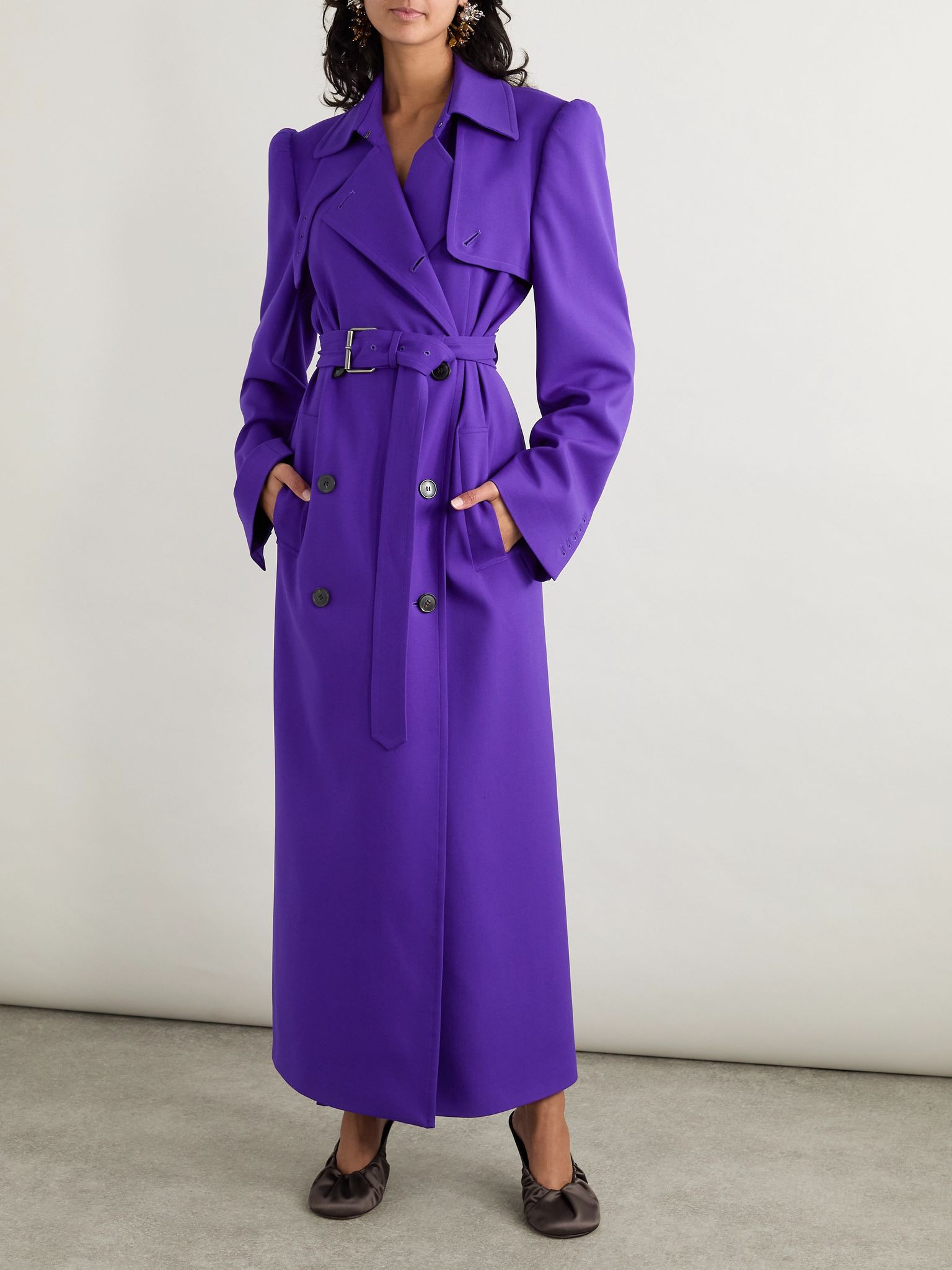 Double-breasted belted wool-blend coat Purple - 3