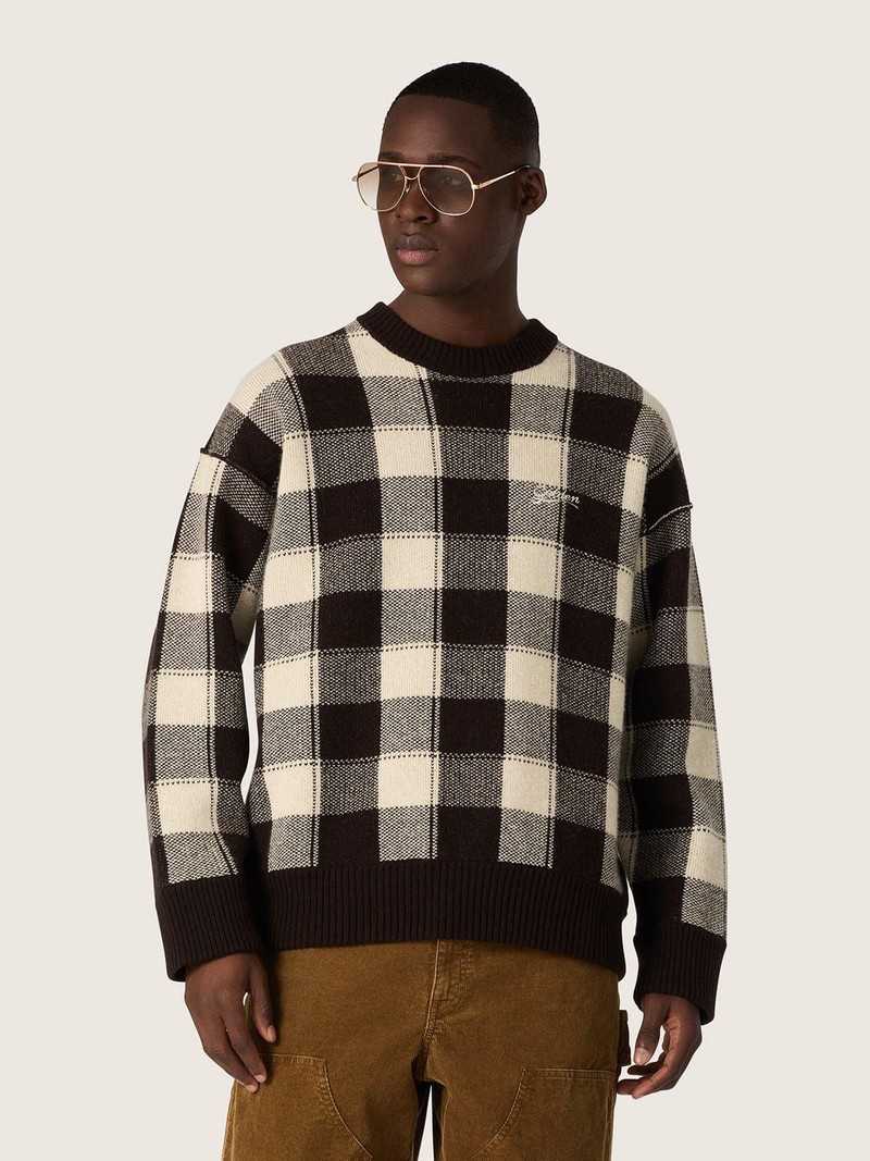 Men's jacquard wool sweater in dark brown and cream check 5
