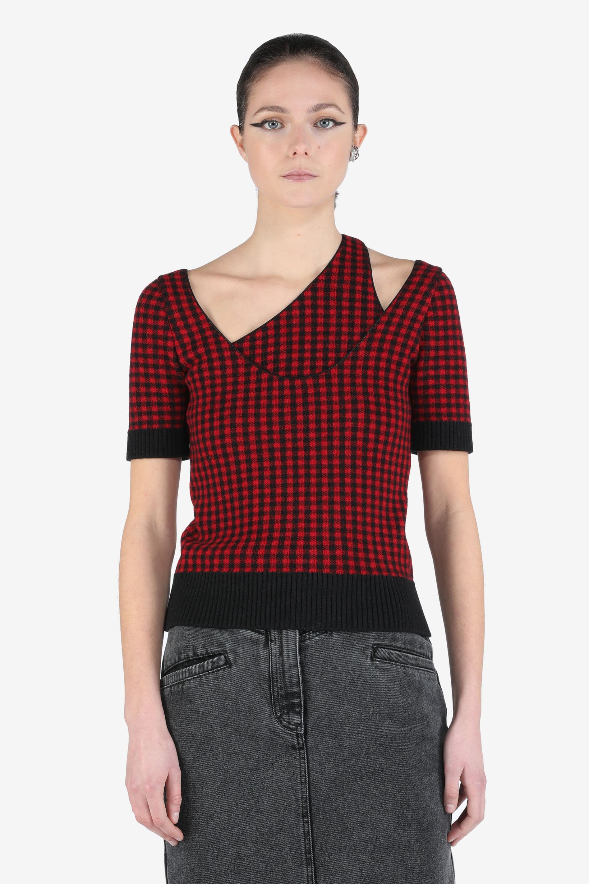 LAYERED CHECKED KNIT TOP - 1