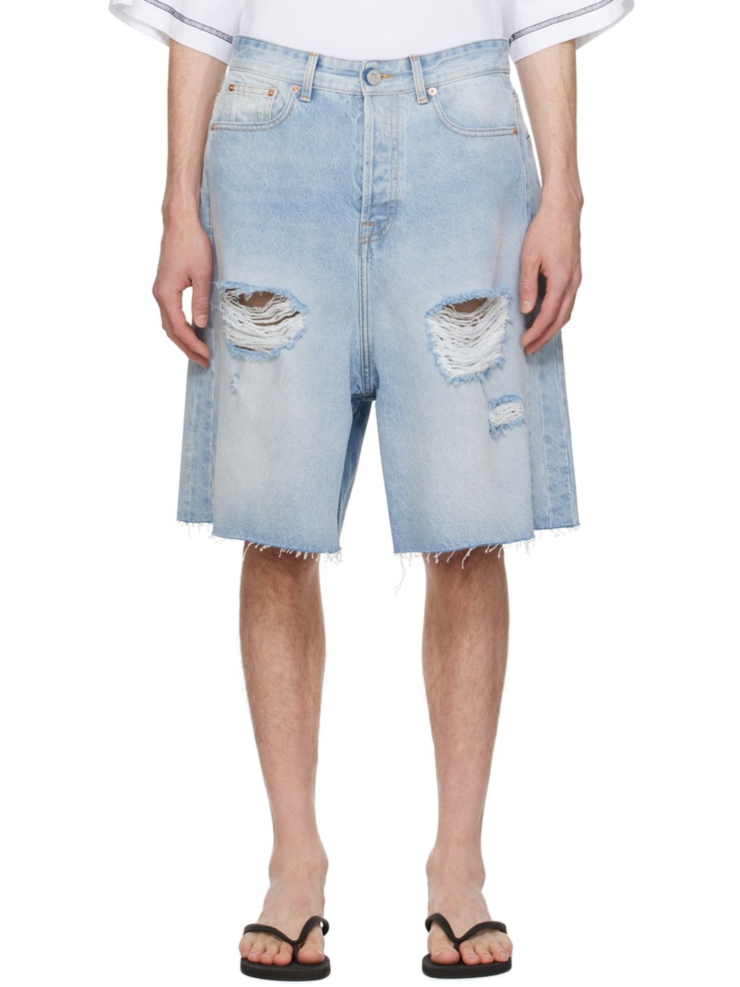 Blue Destroyed Denim Shorts - 1