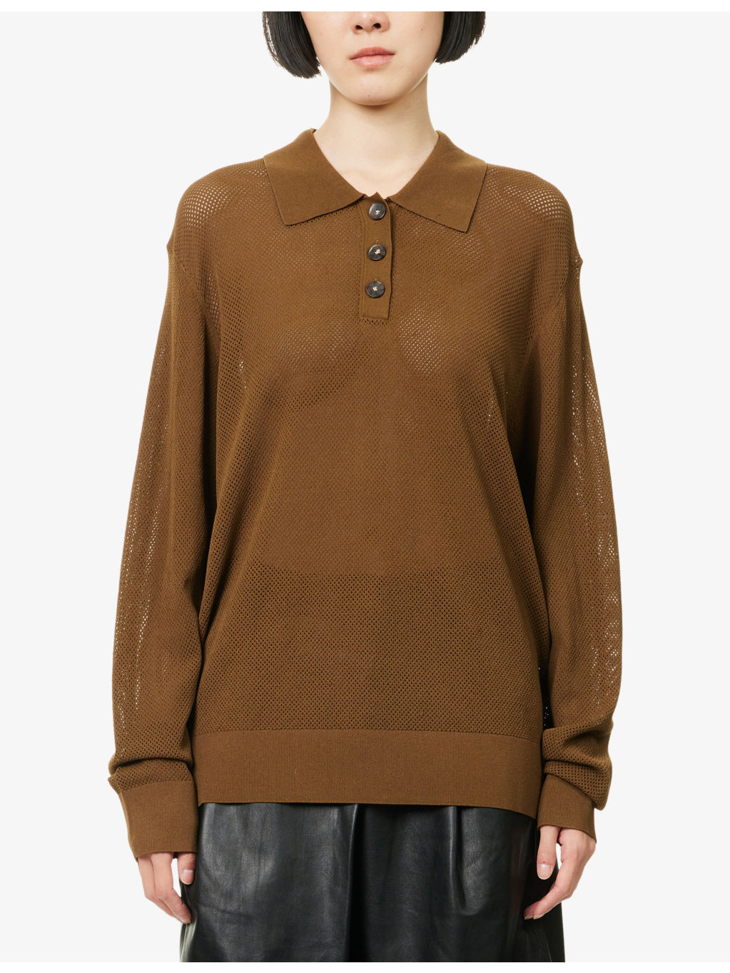 Madison Long-Sleeve Open-Knit Woven Polo Top - 3
