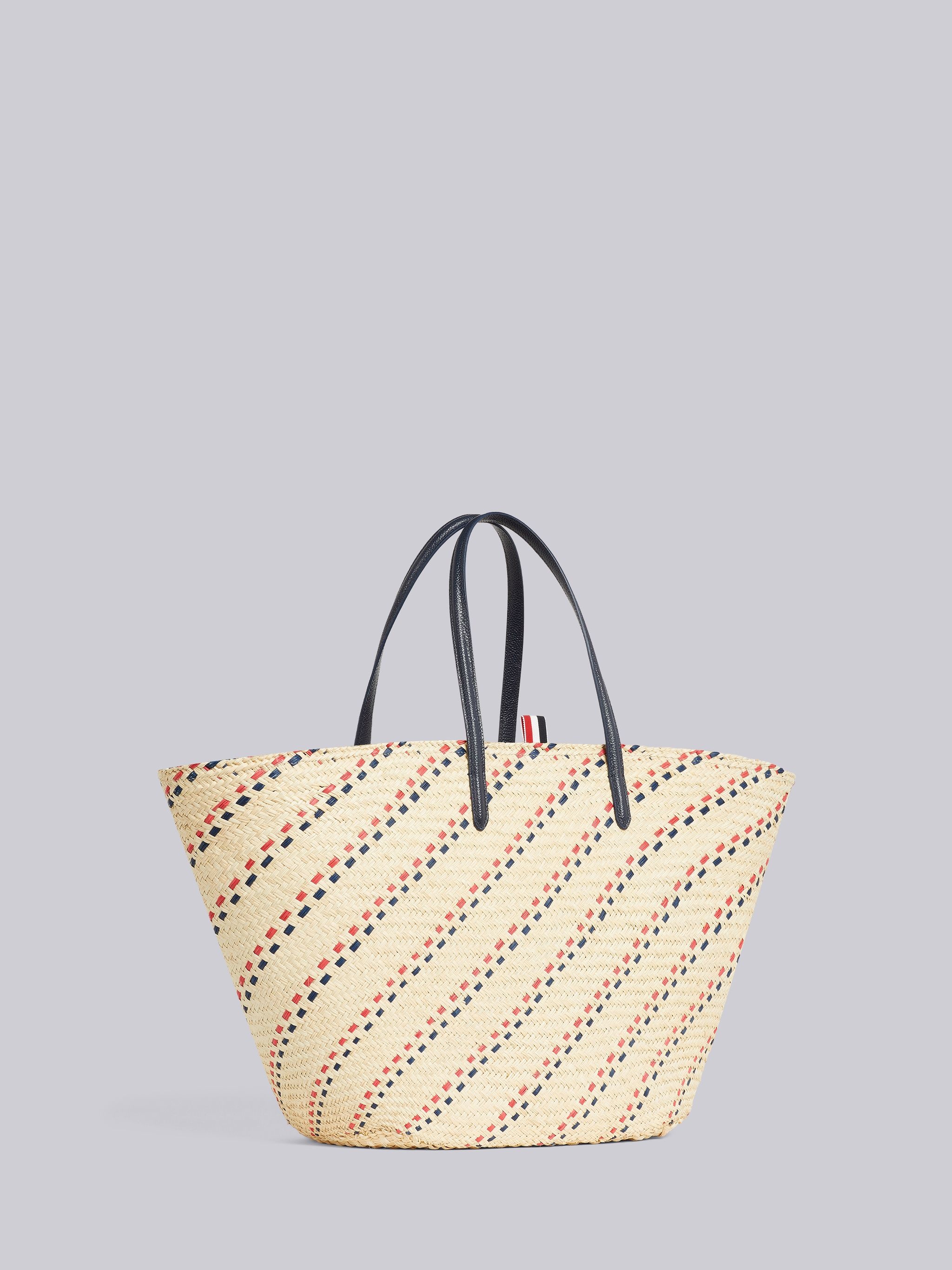 Color TK Raffia Stripe Embroidery Leather Handle Large Basket Tote - 3