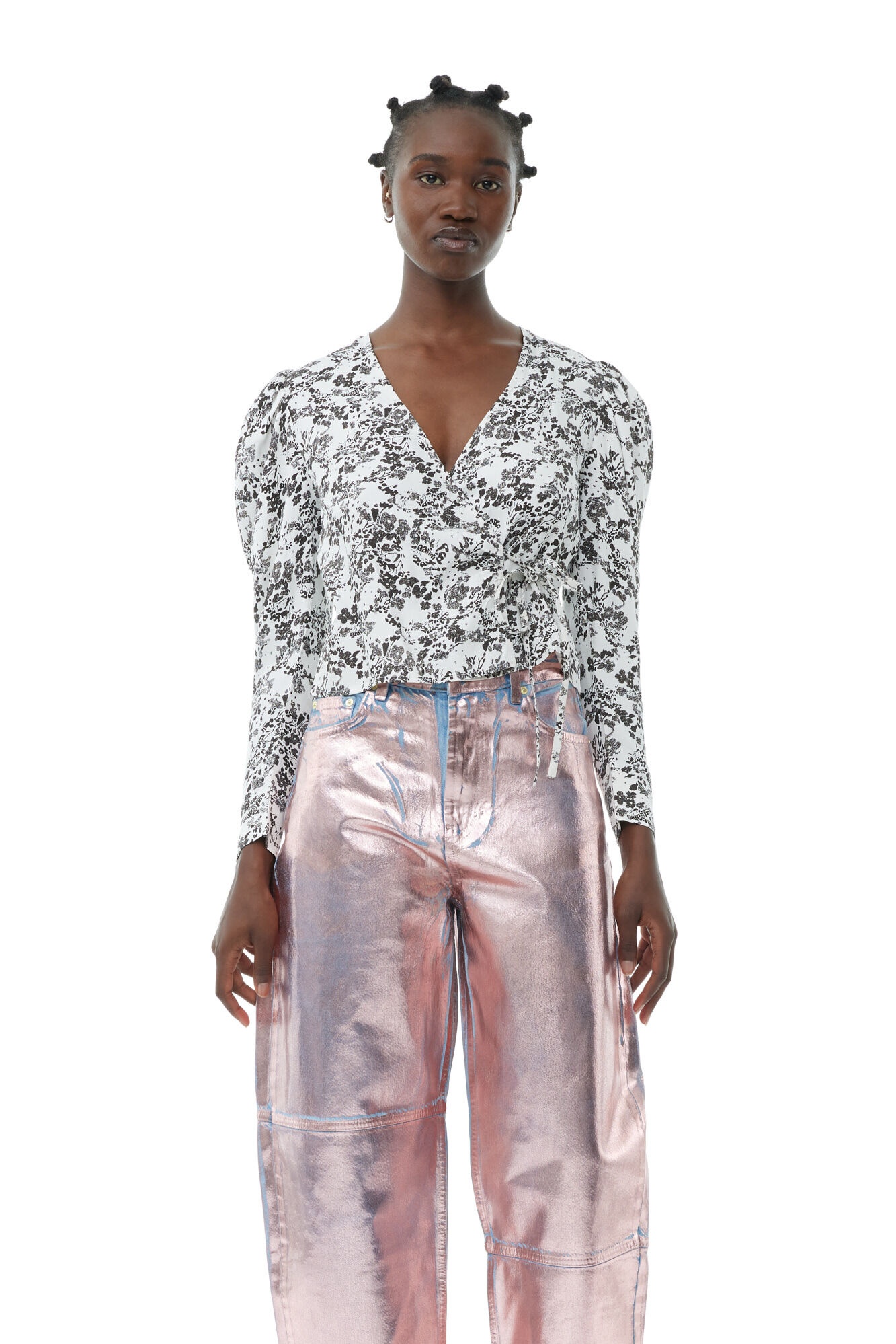 FLORAL TWILL WRAP BLOUSE - 4