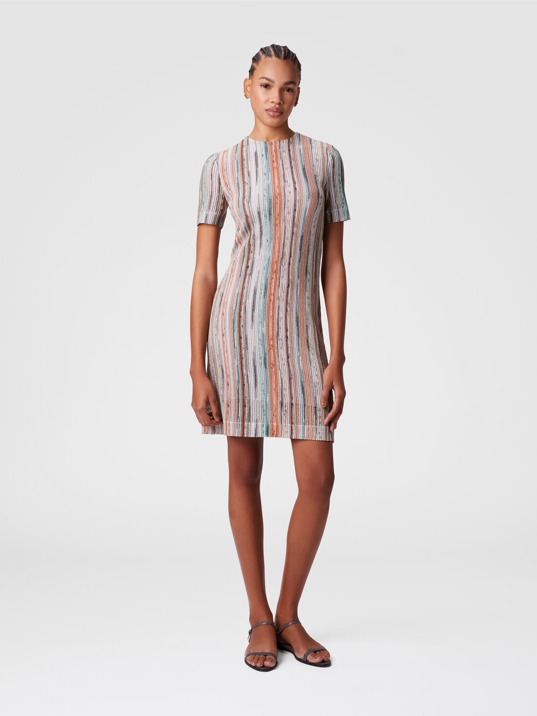 Short-sleeved mini-dress in striped lamé slub viscose - 2