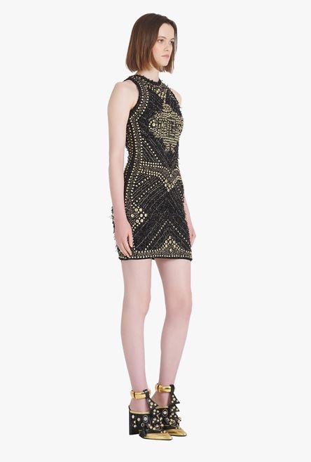 Short black tweed dress with embroidered gold-tone studs - 7