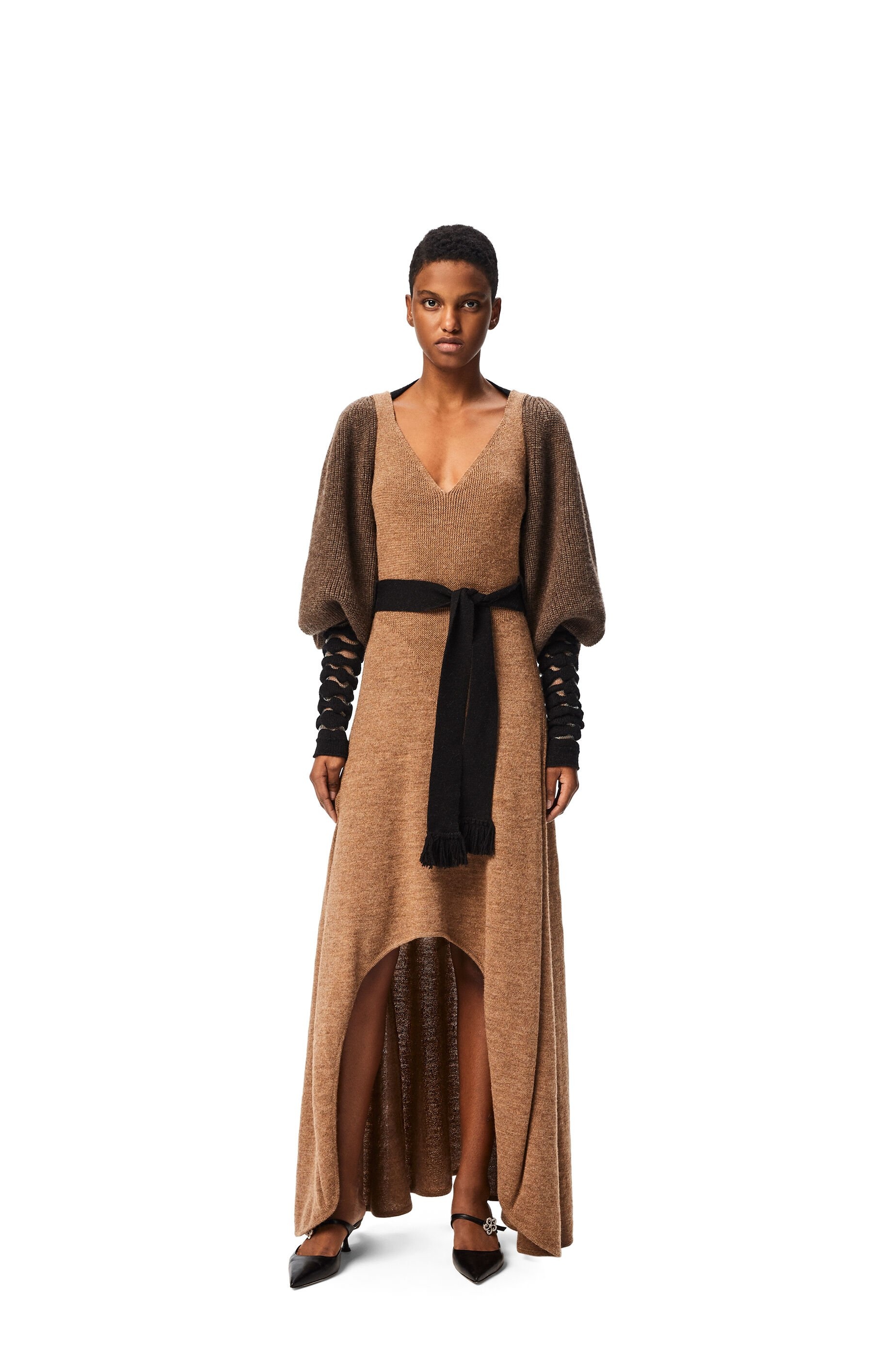 Balloon sleeve long dress in wool and alpaca - 2