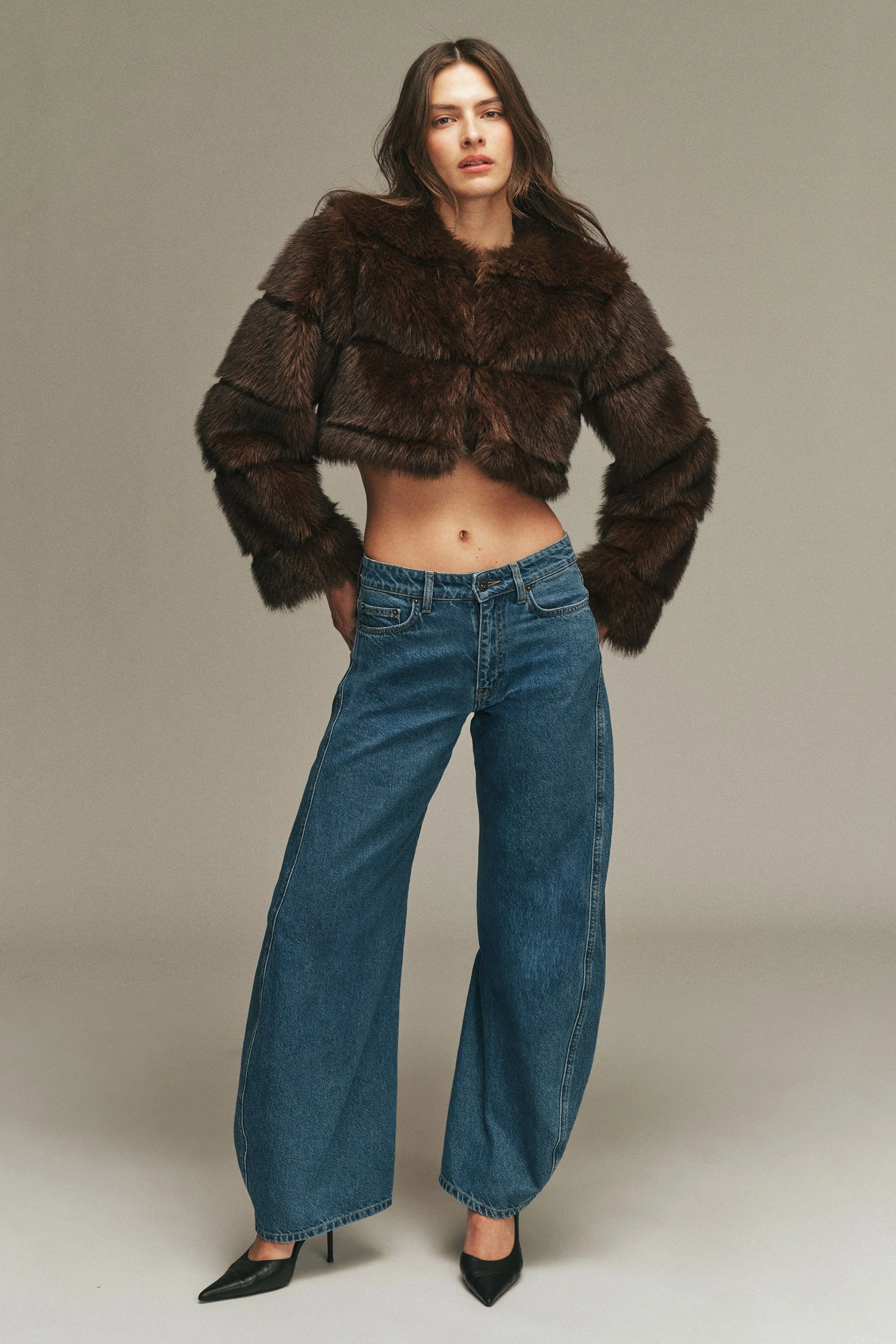 Petro Cropped Faux Fur Jacket In Dark Chocolate - 1