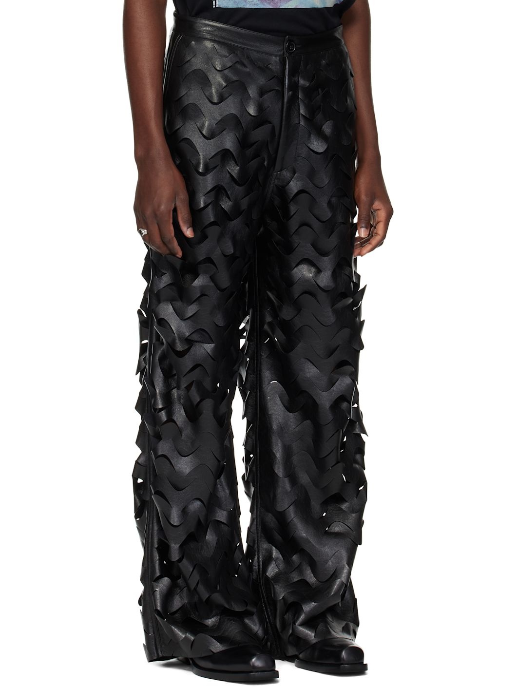Black Laser Cut Wide-Leg Faux-Leather Pants - 2