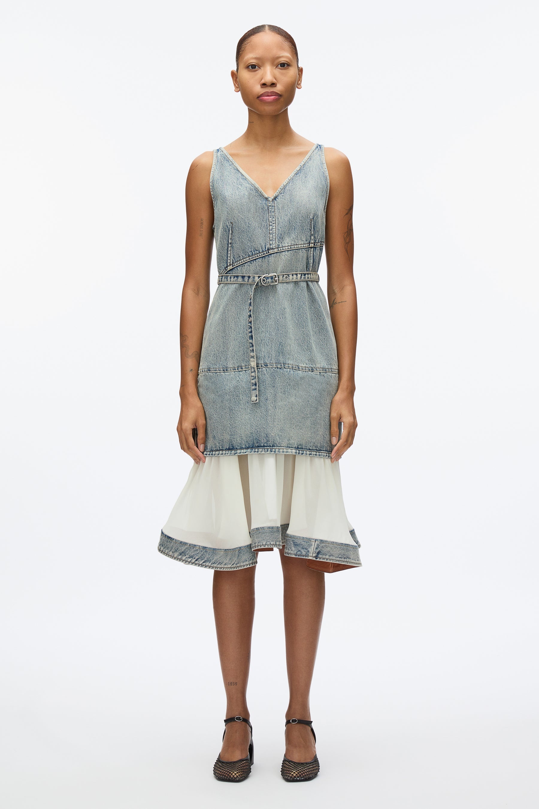 Denim V Neck Dress with Chiffon Hem - 2