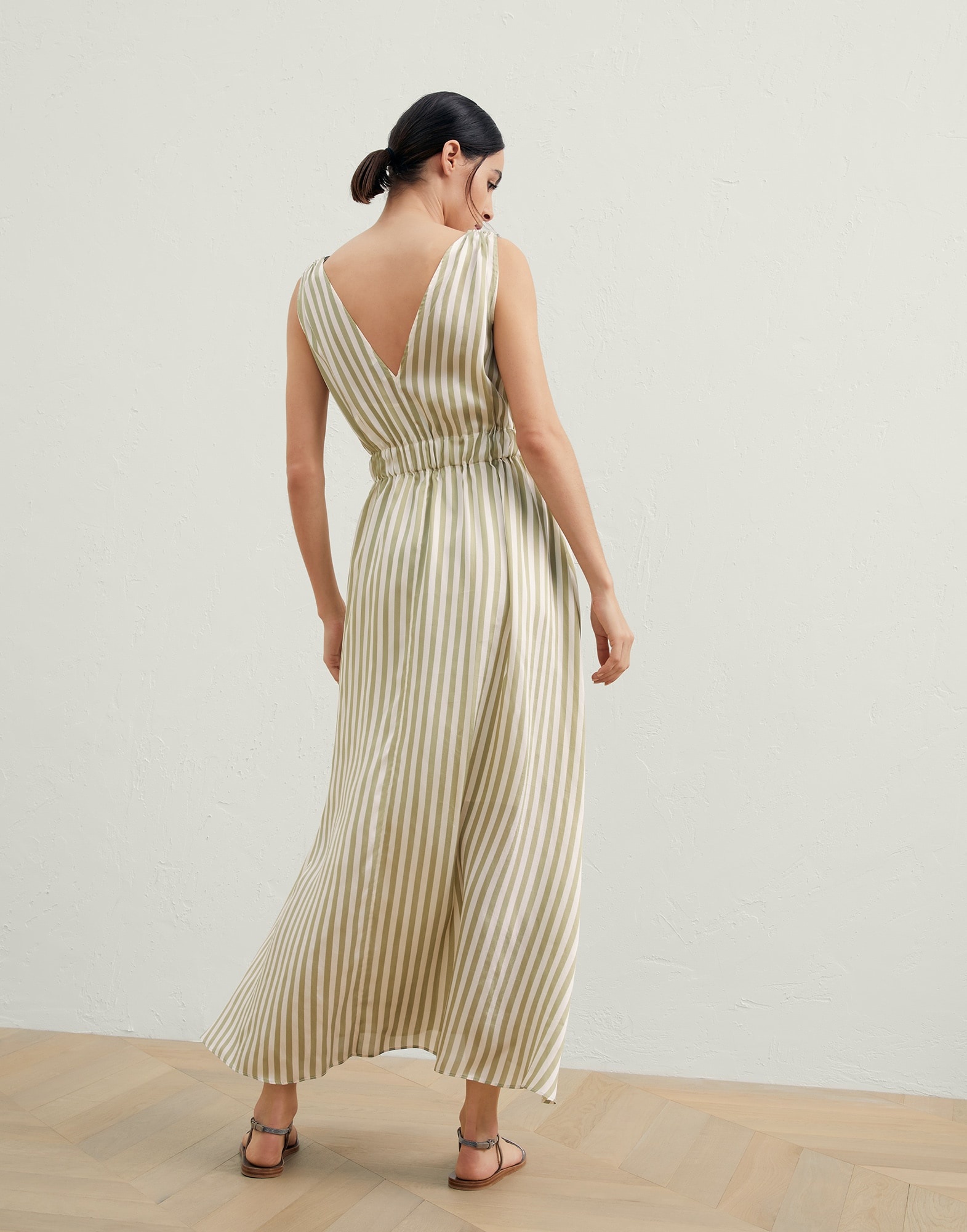 Viscose and silk striped twill belted dress with precious shoulder detail - 2