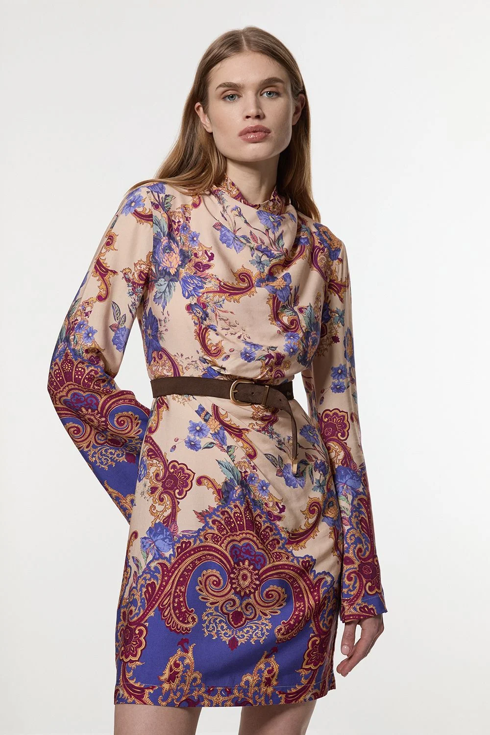 Premium Viscose Linen Paisley Border Print Woven Mini Dress - 1