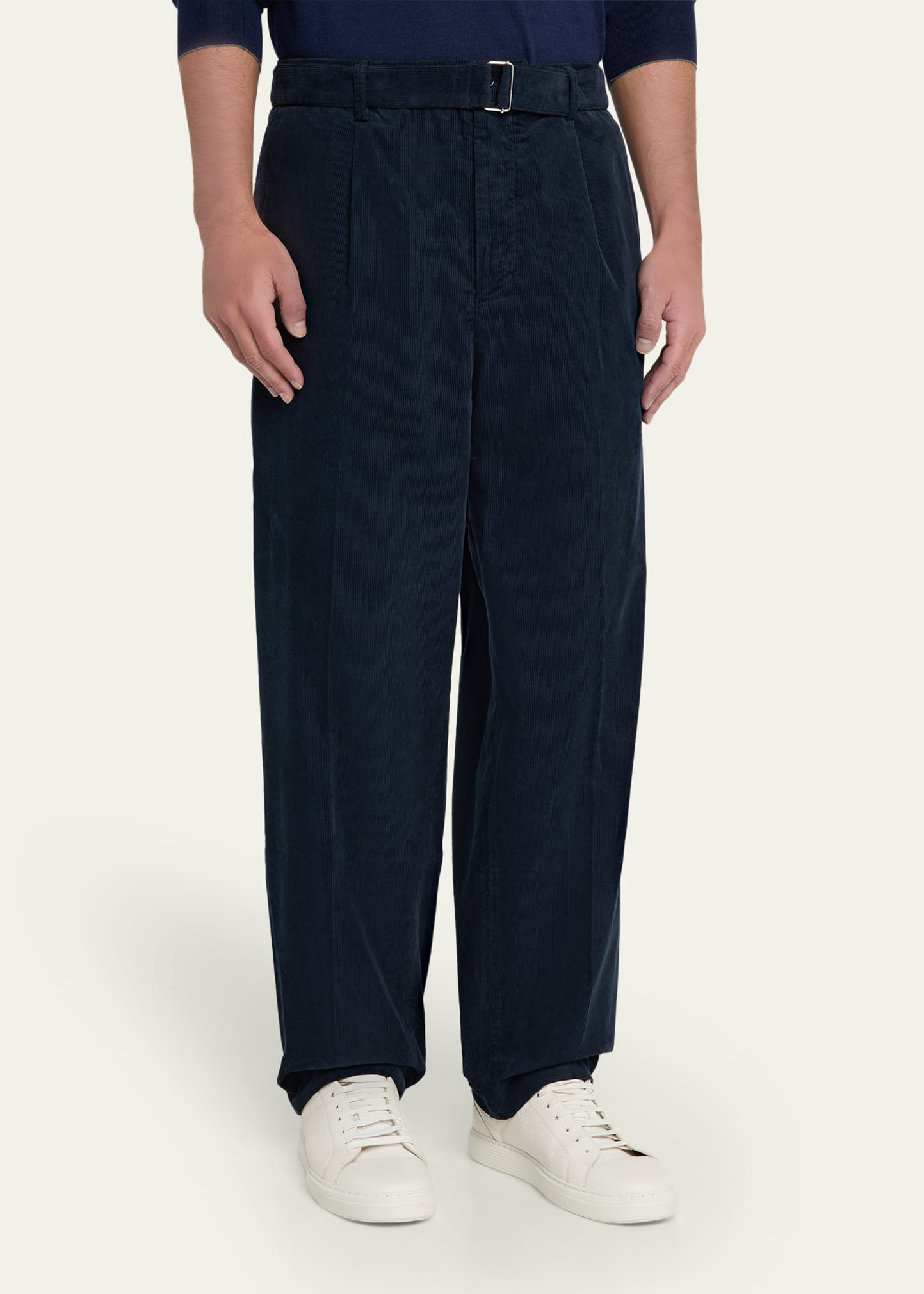 Men's Corduroy Self-Belt Pleated Pants - 4