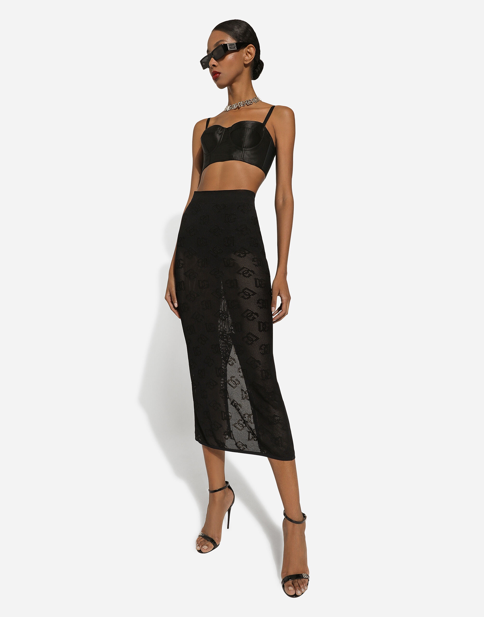 Mesh-stitch pencil skirt with jacquard DG logo - 5