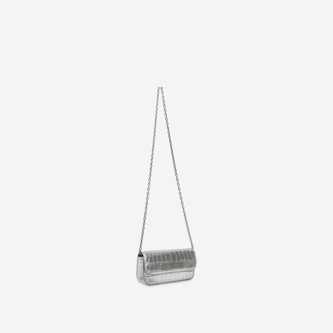 Women's Gossip Wallet On Chain Metallized Crocodile Embossed in Silver - 2