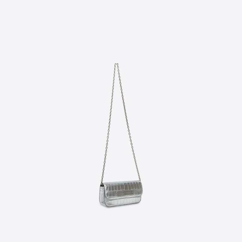 BALENCIAGA Women's Gossip Wallet On Chain Metallized Crocodile Embossed in Silver outlook