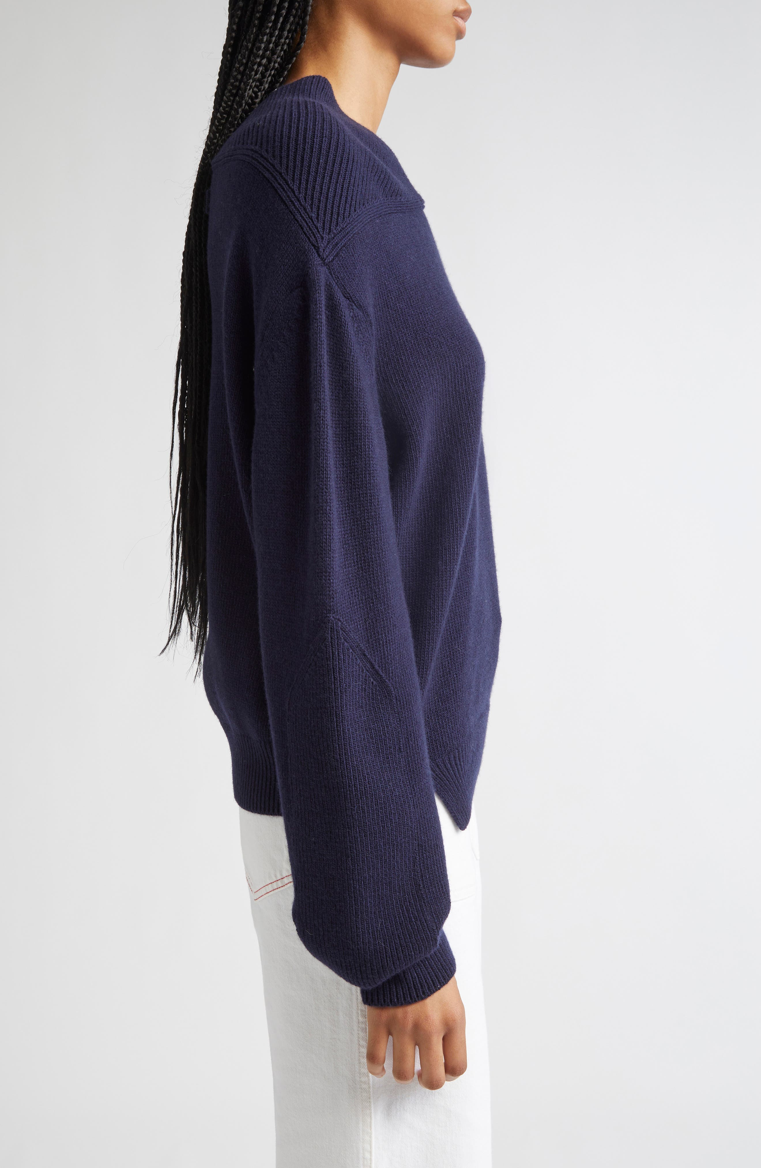 Victoria Beckham V-Neck Yoke Detail Merino Wool & Cashmere Sweater in Navy at Nordstrom - 4