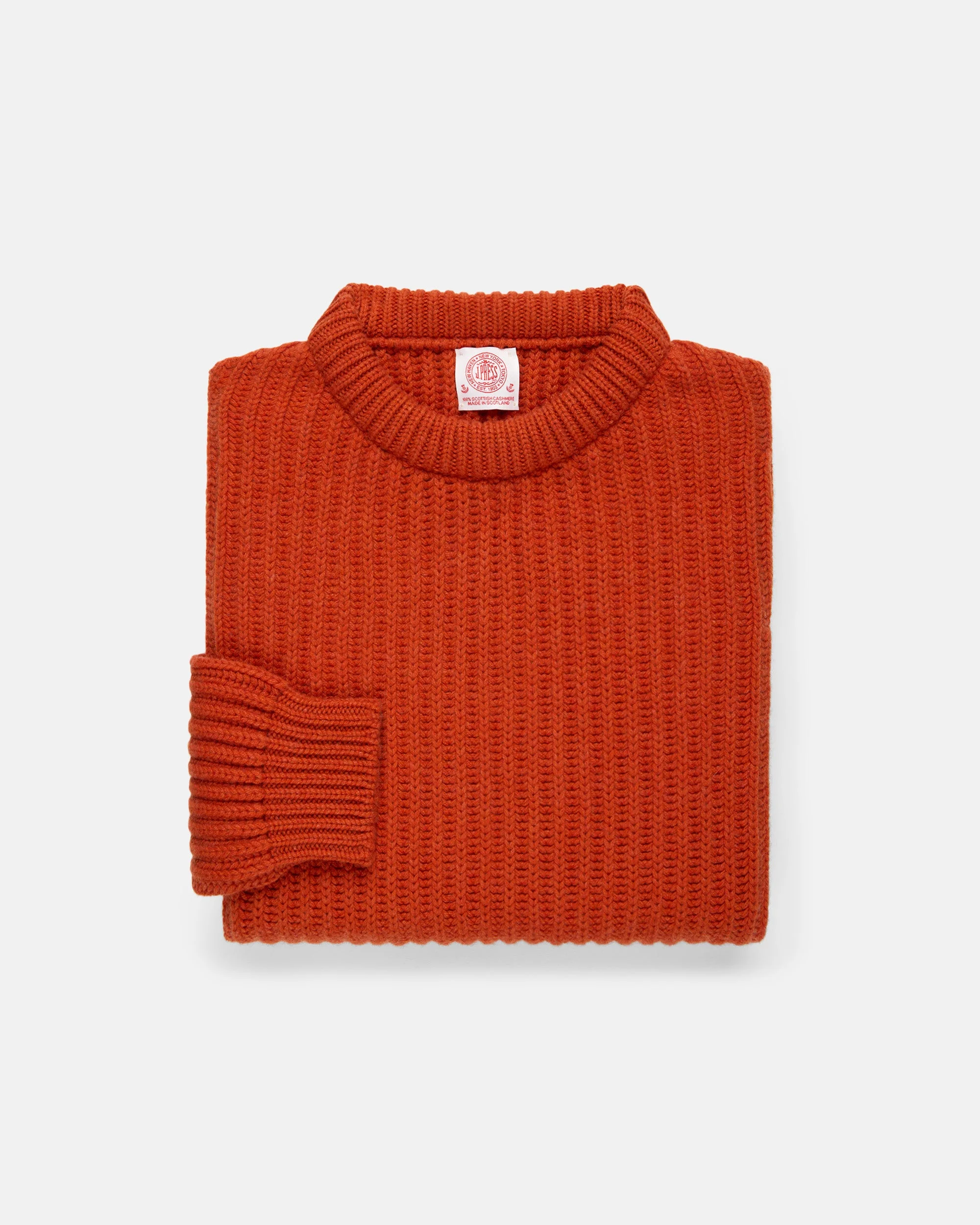 MADE-IN-SCOTLAND RED CASHMERE FISHERMAN RIB CREWNECK SWEATER - 1