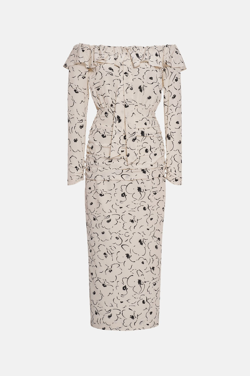 FLORAL PRINT SILK OFF THE SHOULDER DRESS 1