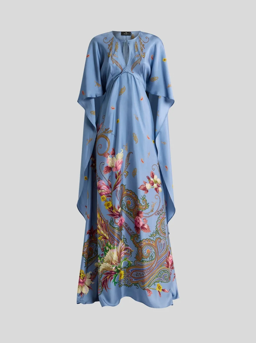 LONG SILK DRESS WITH CAPE AND PLACED FLORAL PAISLEY PRINT - 1