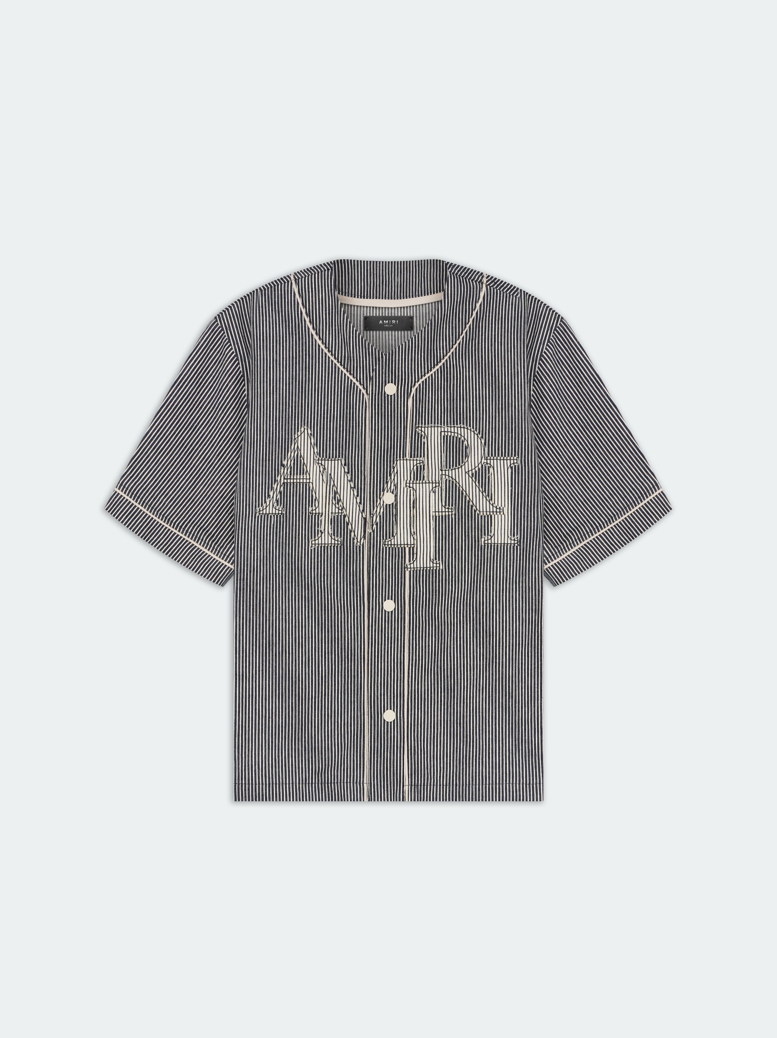 STRIPED DENIM LOGO APPLIQUE BASEBALL SHIRT - 1