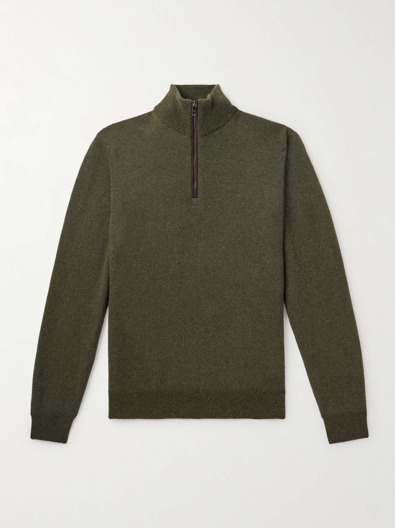 Slim-Fit Suede-Trimmed Cashmere Half-Zip Sweater 1