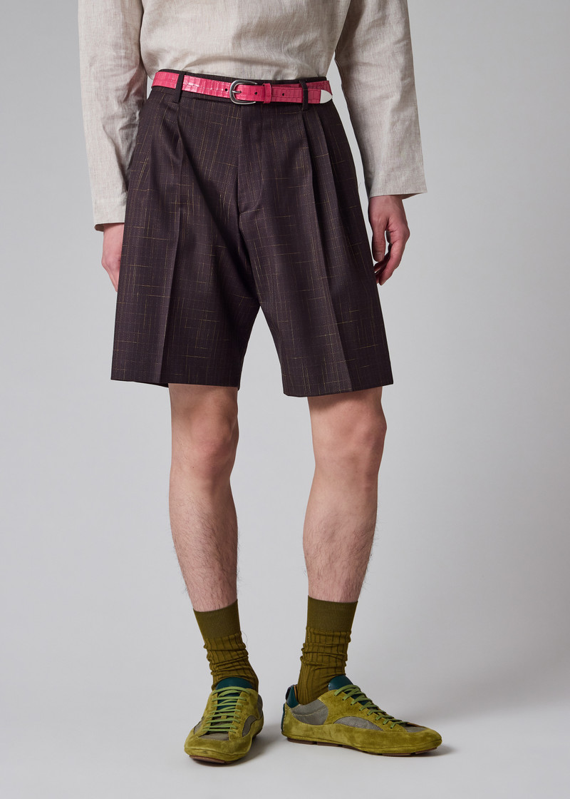 Aubergine Wool Check Pleated Shorts 7