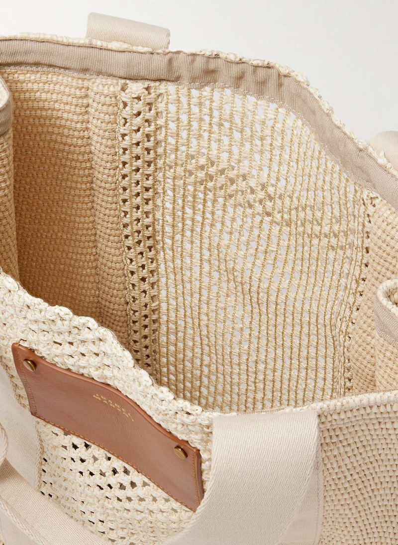 Puebla leather and twill-trimmed striped straw tote 5