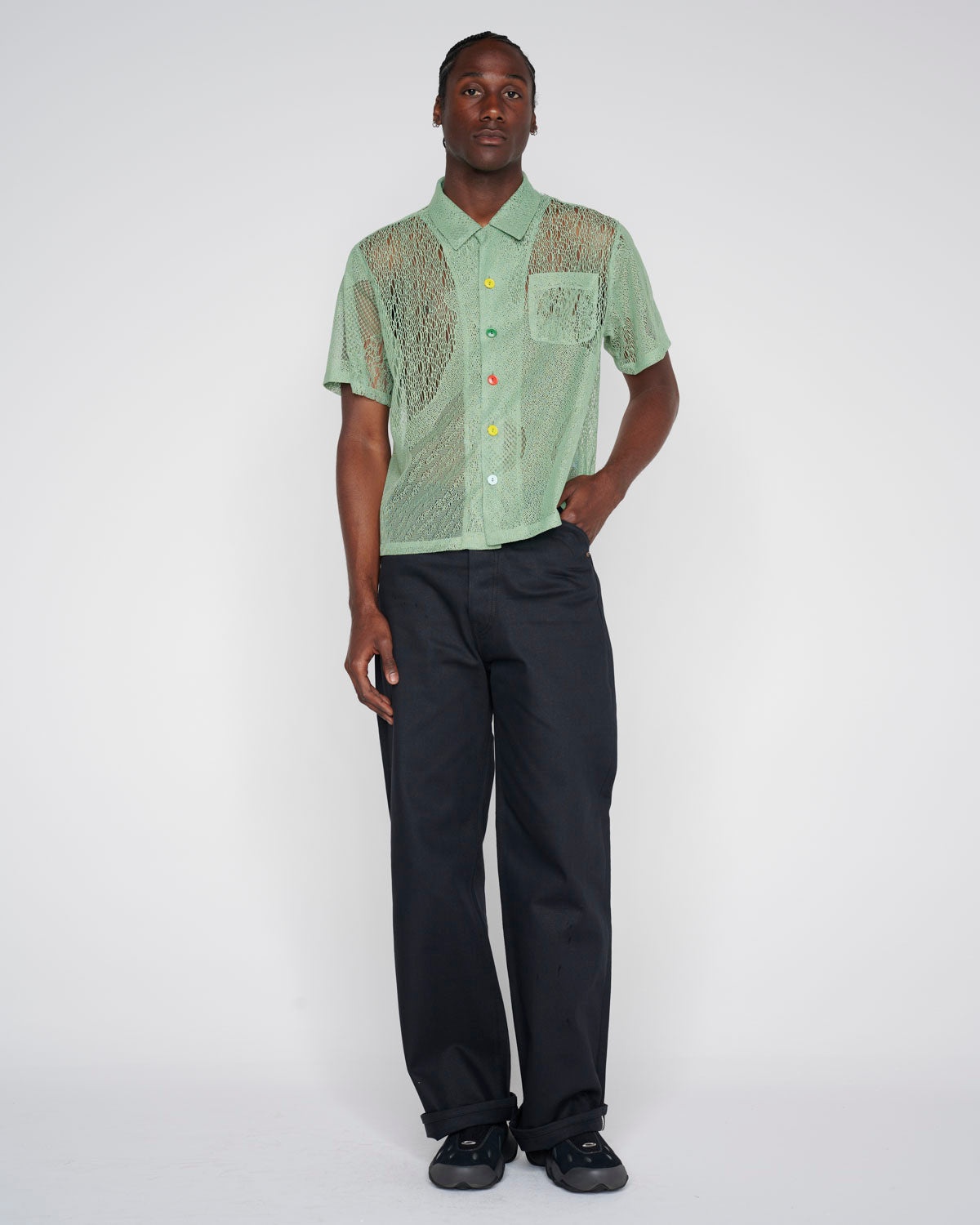 Engineered Mesh Short Sleeve Button Up - Green - 7