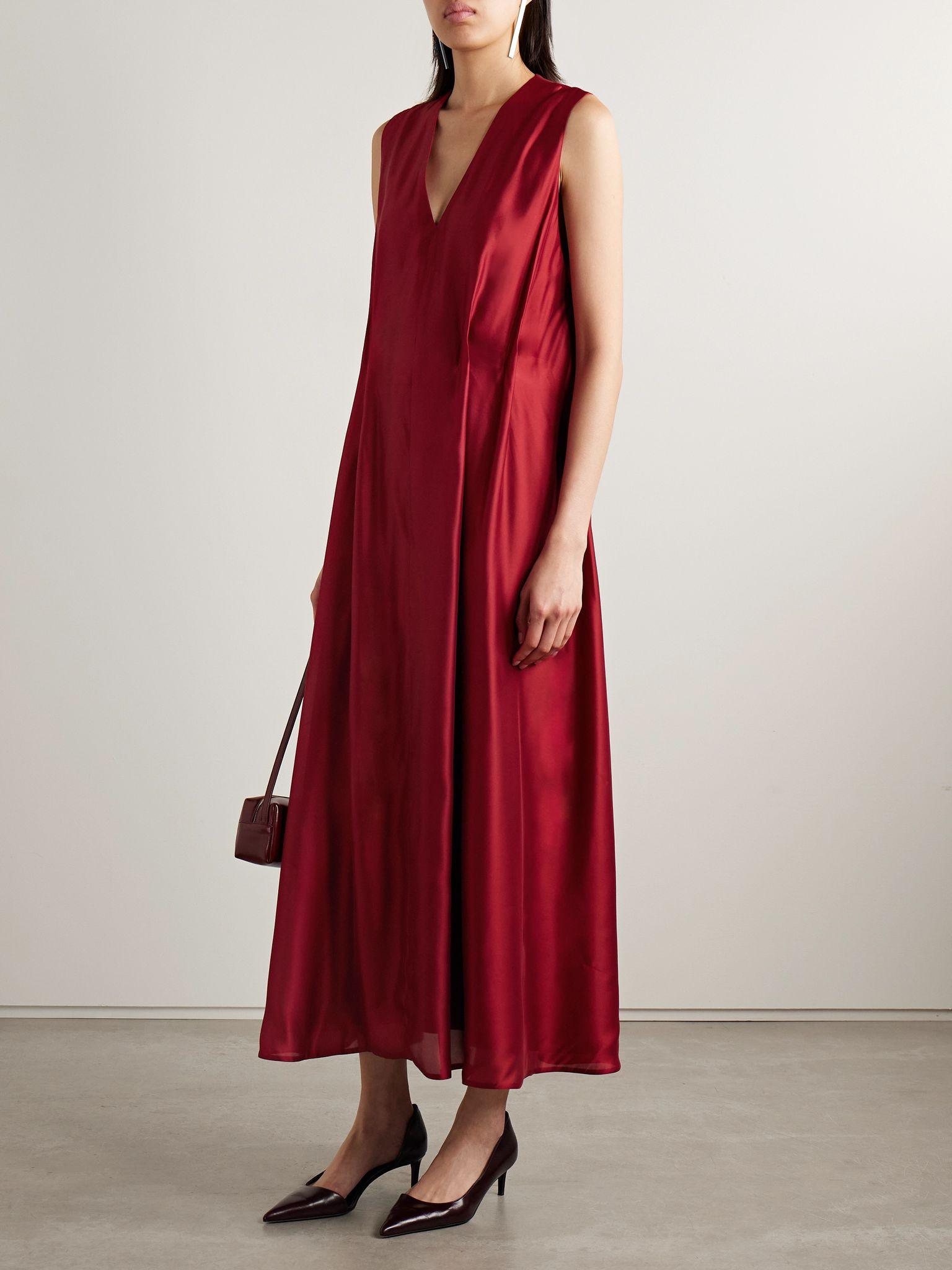 Syd pleated satin-twill midi dress Red - 2