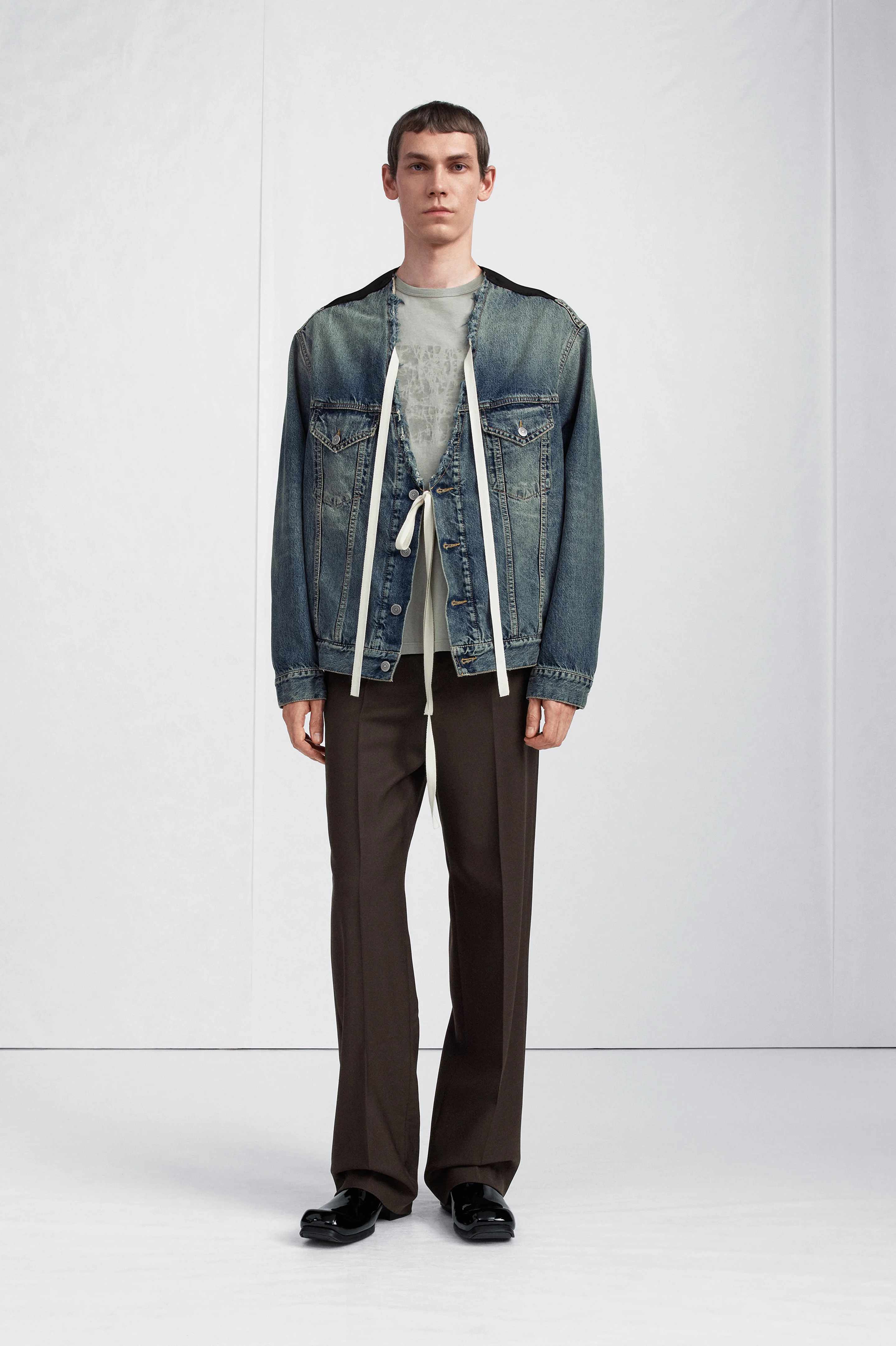Distressed Collarless Denim Jacket - 1