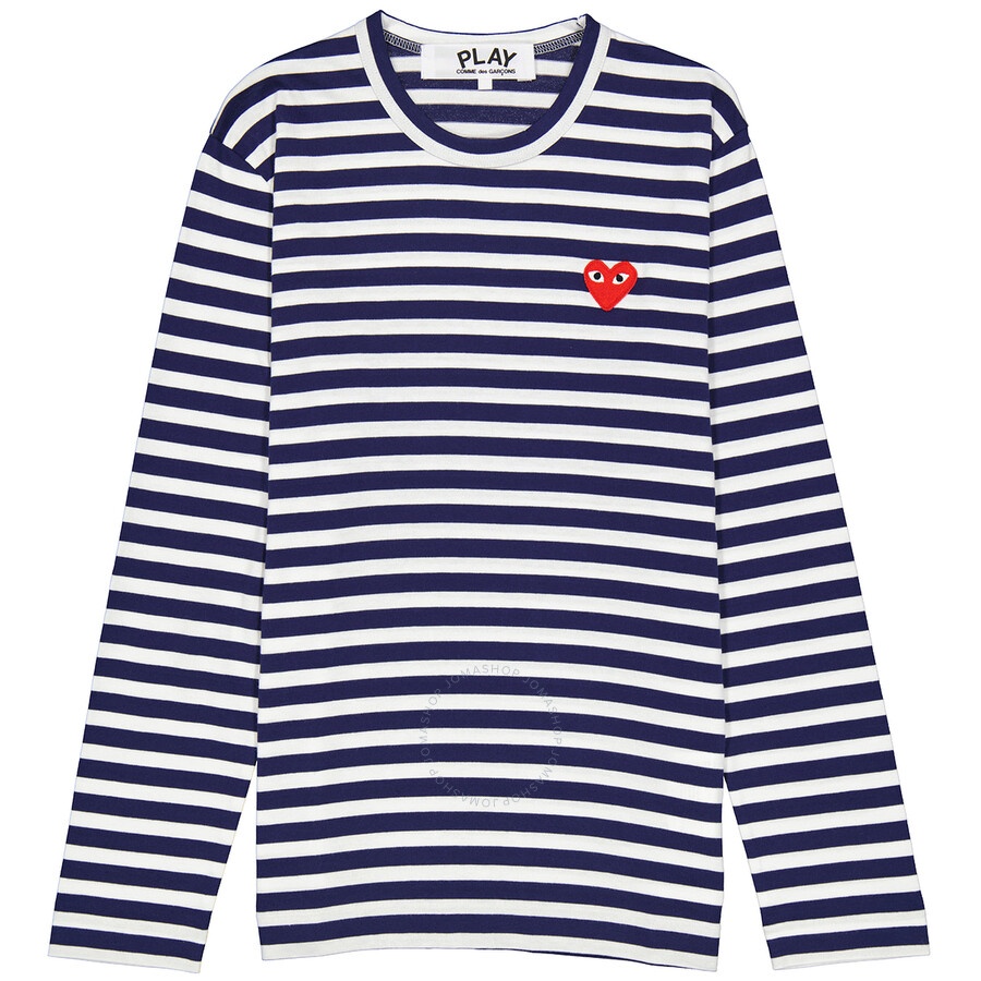 Comme Des Garcons Play Navy / White Long Sleeve Heart Logo Stripe Tee - 1