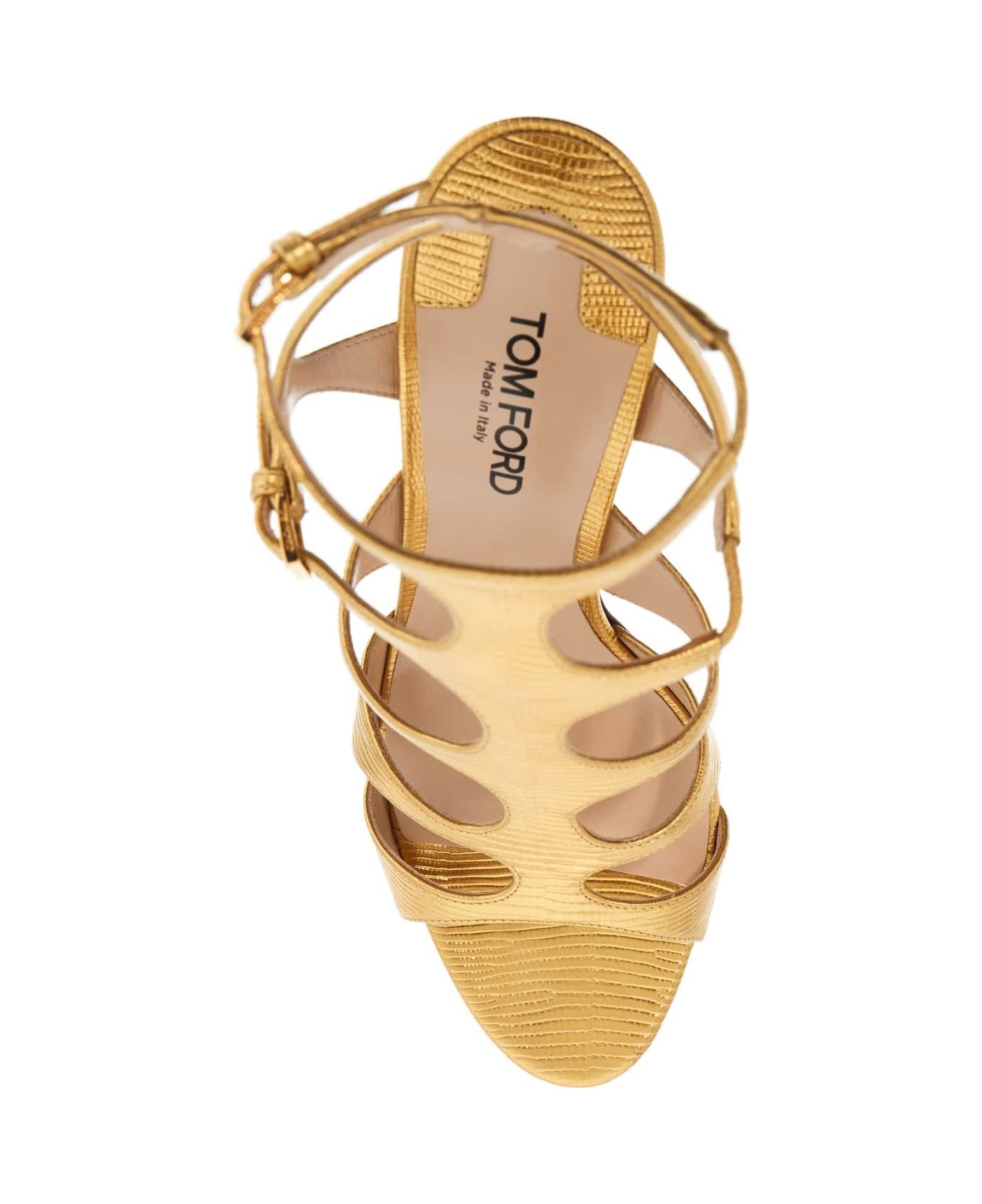 Light Bronze Leather Sandals With Adjustable Straps And Medium Heel - 2