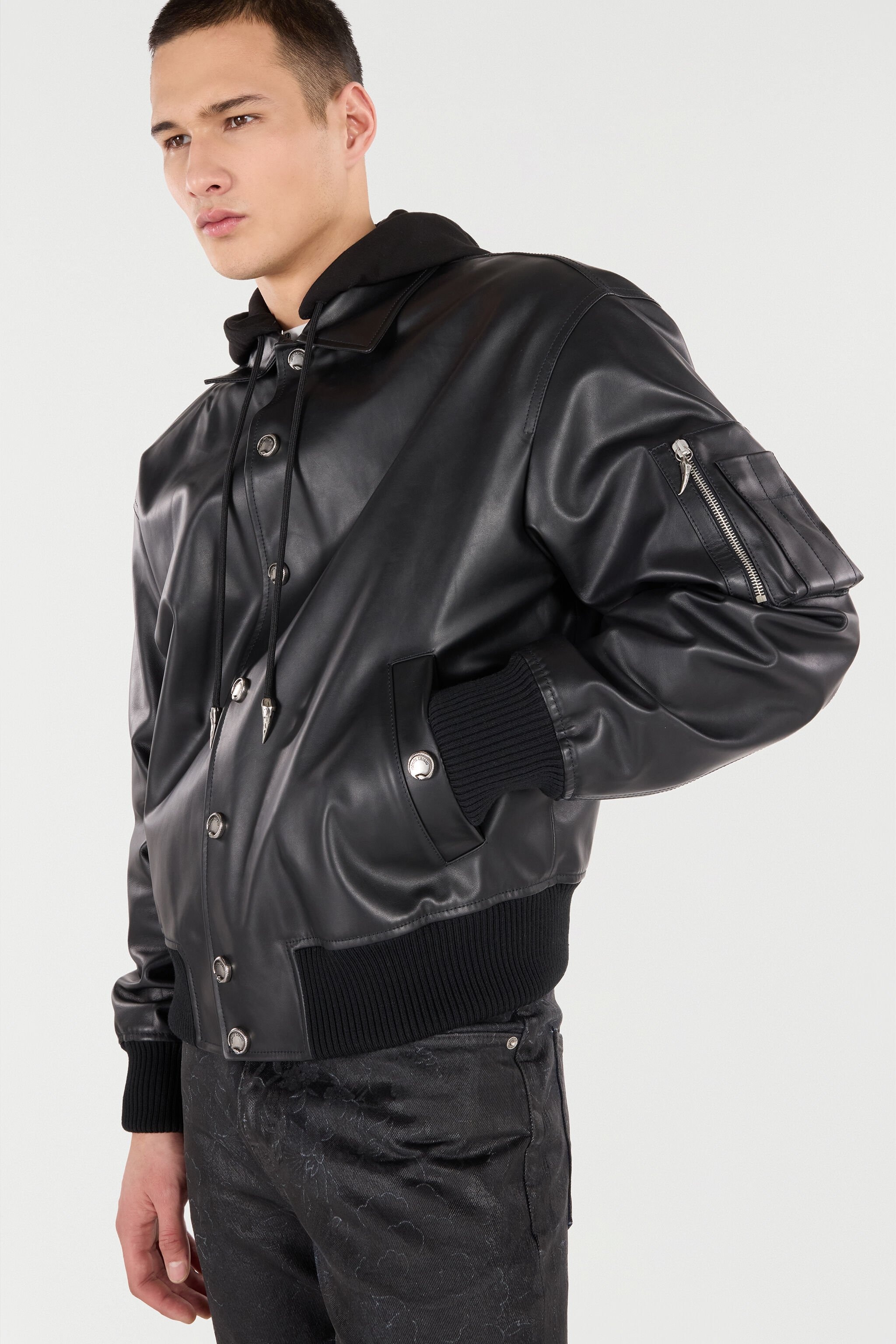 Leather Bomber Jacket with Hood - 5