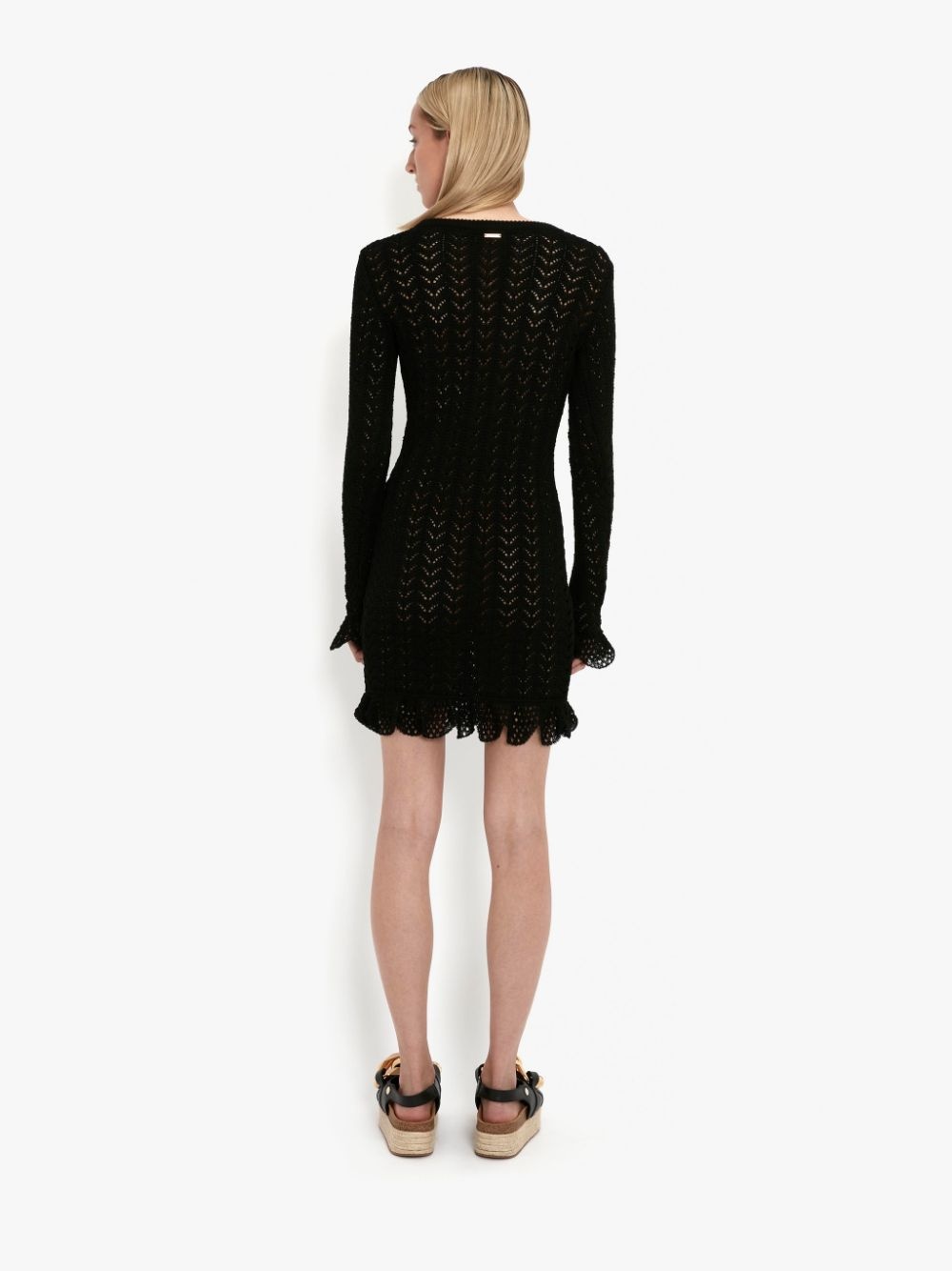 FRILL DETAIL LONG SLEEVE CROCHET EFFECT DRESS - 4
