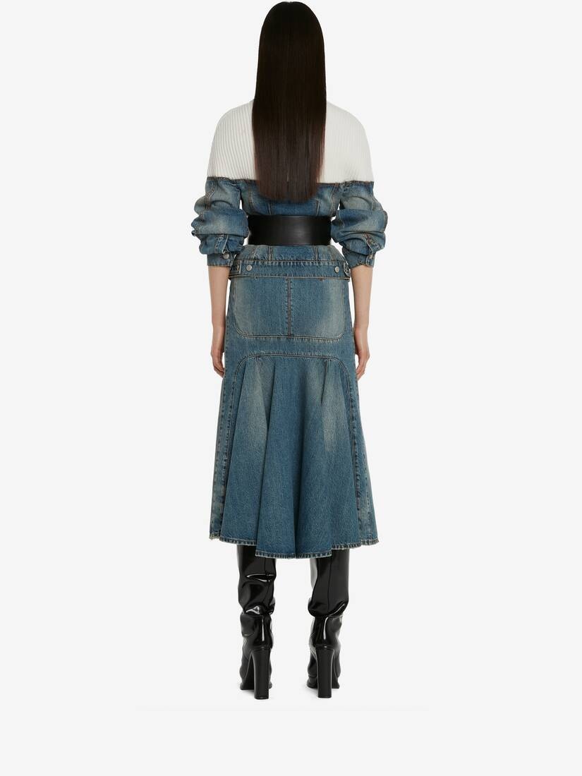 Women's Pleated Denim Midi Skirt in Washed Blue - 4